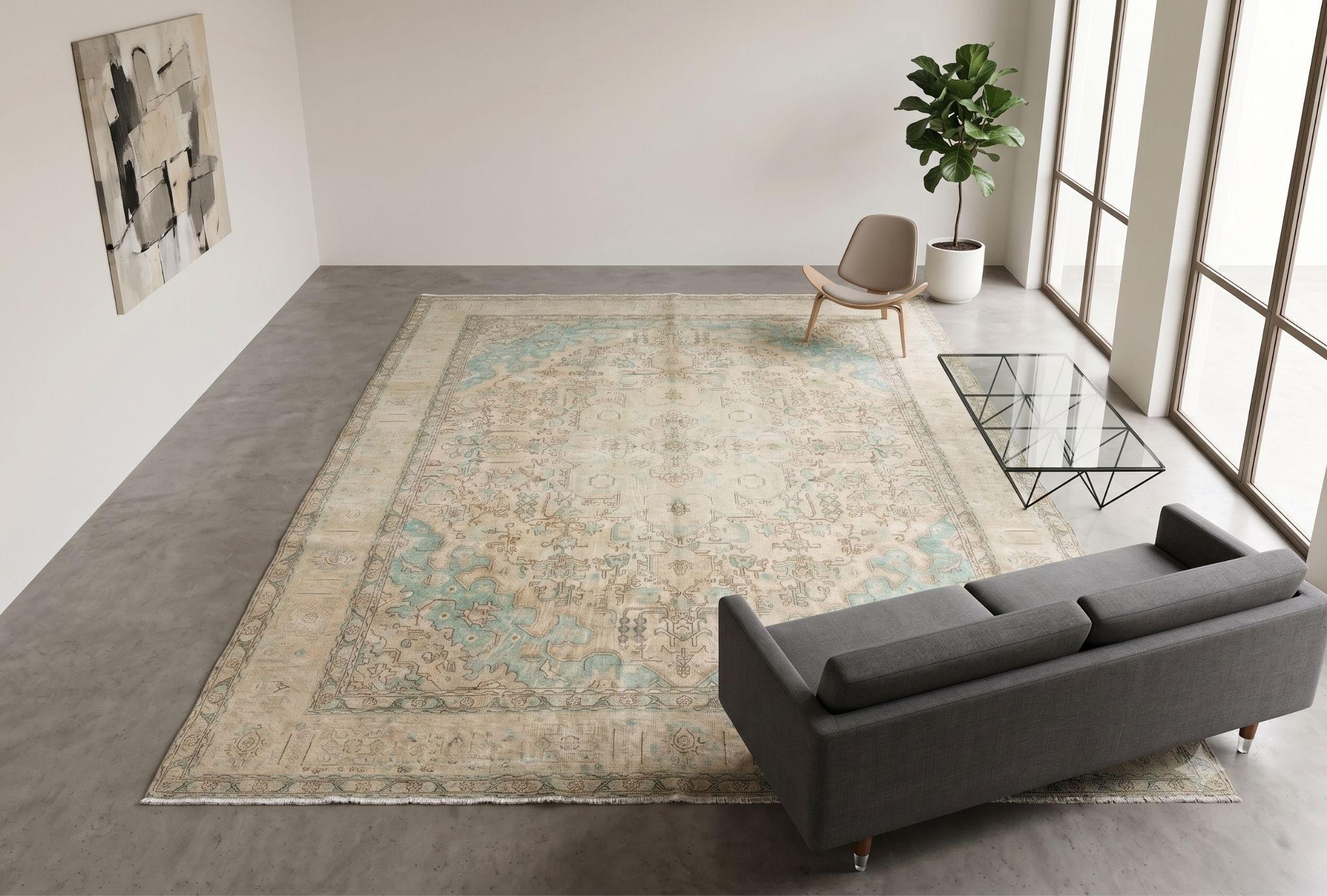 Vintage Anatolian Wool Rug 9x13 | Muted Teal Beige Oushak Carpet | 1980s Handwoven Decor | Large Living Room Area Rug