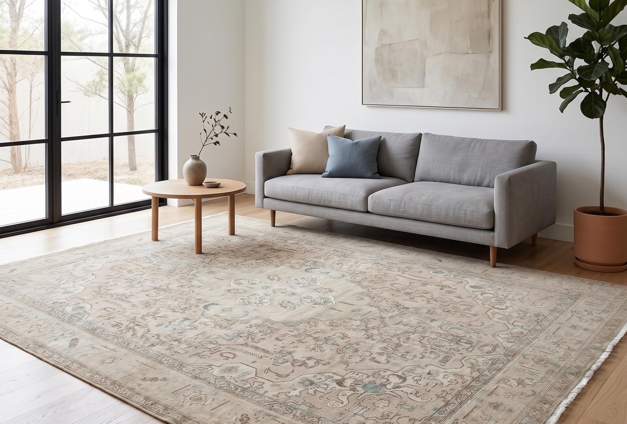 Vintage Anatolian Rug 9x13, Handwoven Wool Area Rug, Muted Beige Neutral Carpet, Large Living Room Rug, 1980s Turkish Rug