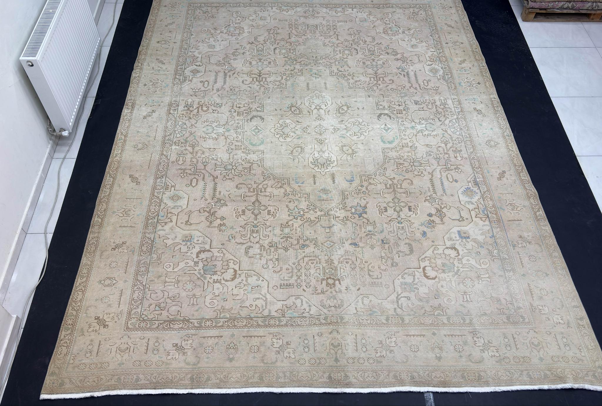 Vintage Anatolian Rug 9x13, Handwoven Wool Area Rug, Muted Beige Neutral Carpet, Large Living Room Rug, 1980s Turkish Rug