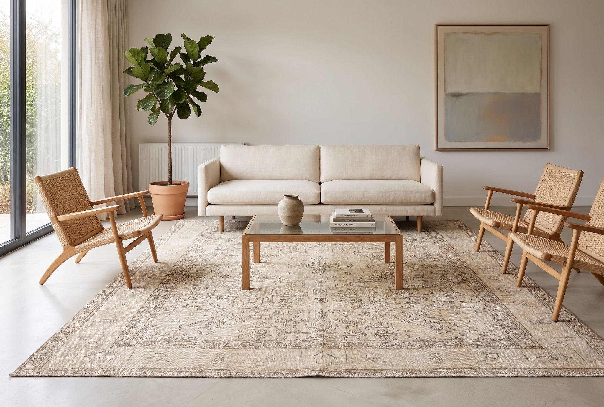 Hand-woven Vintage Anatolian Wool Rug 9x12, Neutral Large Area Rug, Handmade Beige Oushak Carpet, Unique Living Room Decor