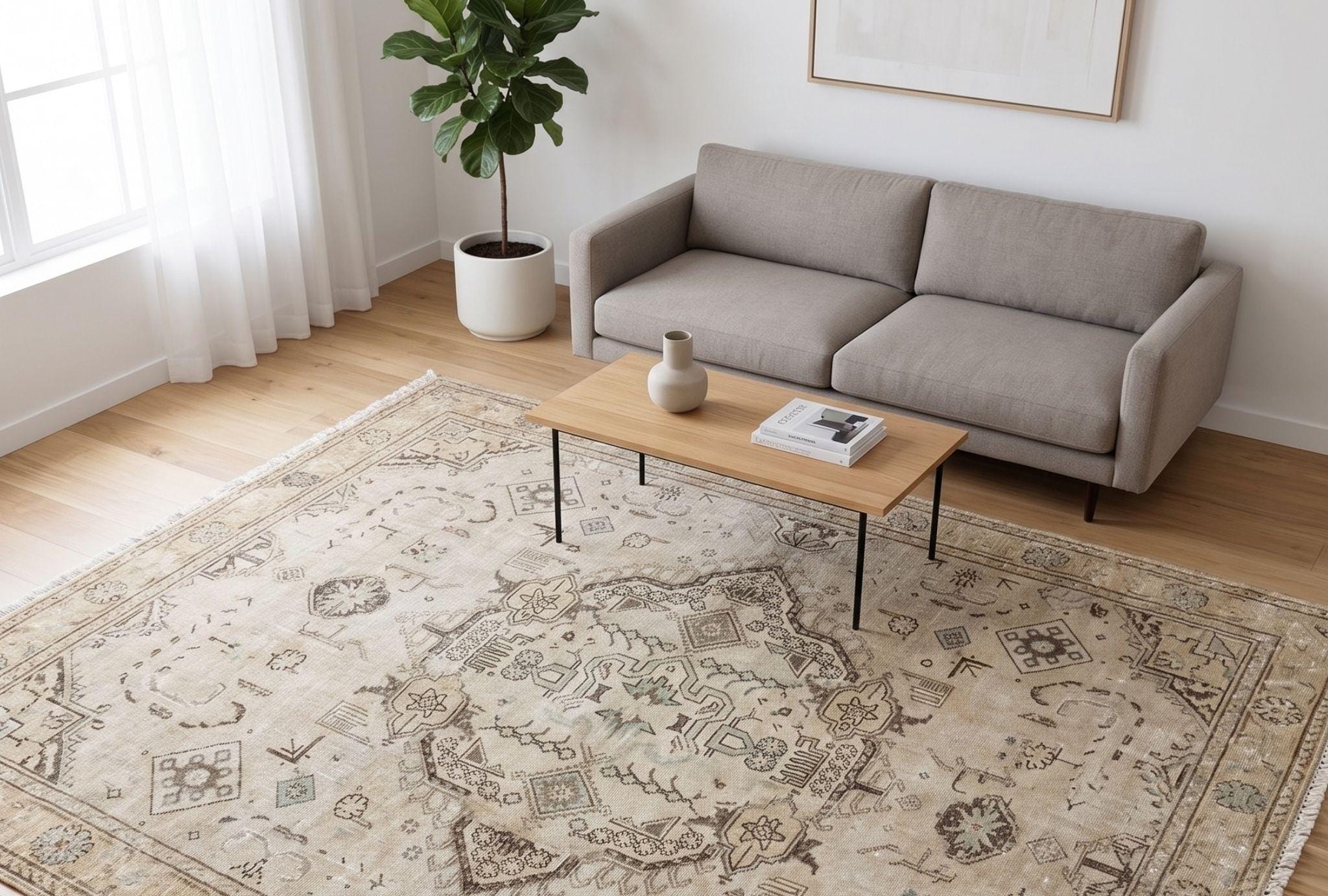 Vintage Anatolian Rug 9.6x12.5 | Handwoven Neutral Wool Carpet | Large Living Room Area Rug | Faded Muted Turkish Rug | 1980s