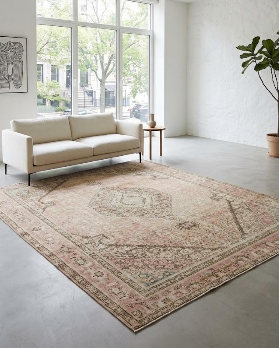 8x10 Vintage Turkish Rug, Muted Pink Handwoven Wool Area Rug, Beige Anatolian Carpet, 1980s Boho Living Room Decor