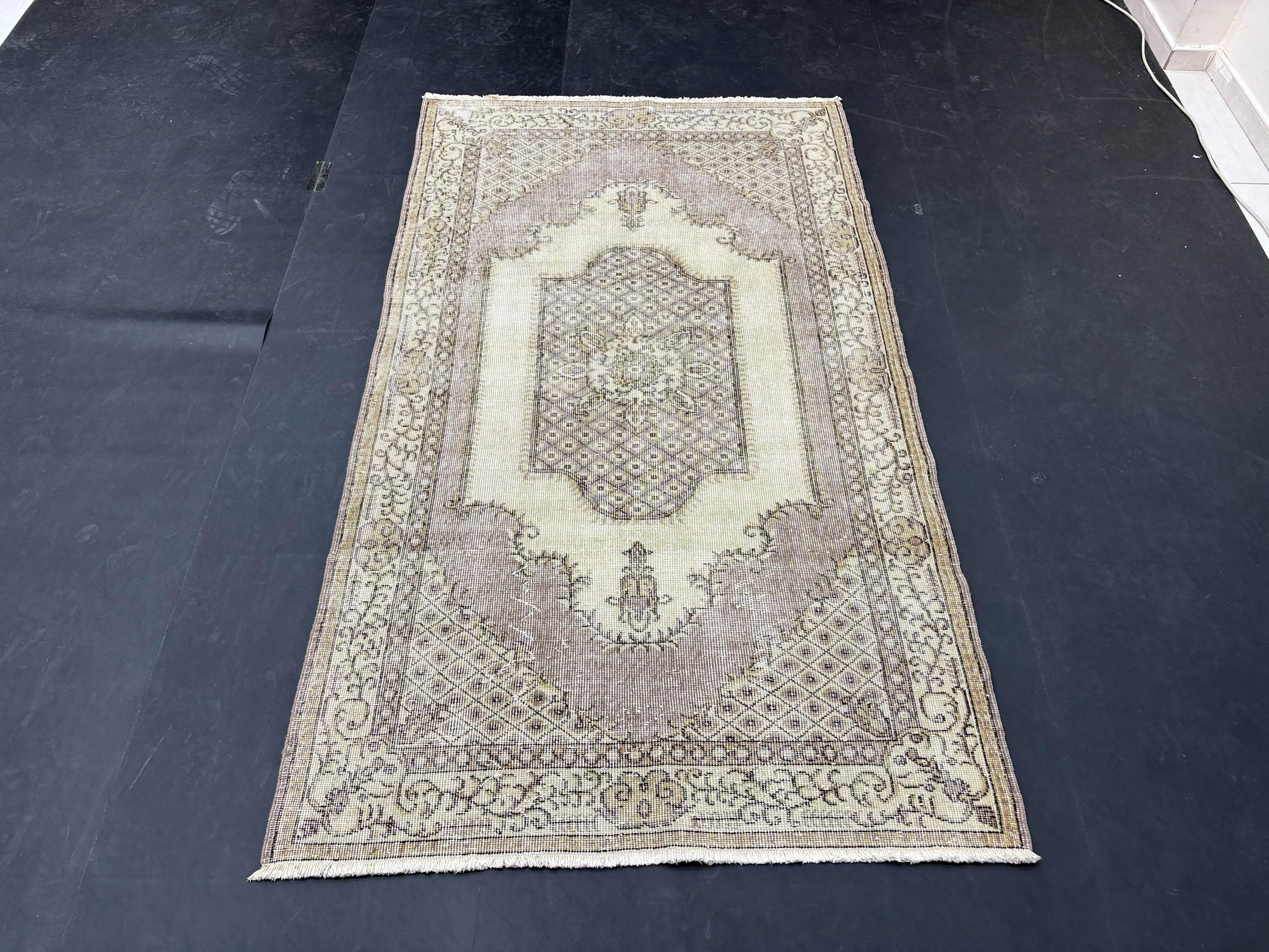 Vintage Turkish Rug 4x7, 1980s Handmade Low Pile Wool Rug, Brown Beige Anatolian Area Rug, Distressed Boho Bedroom Rug
