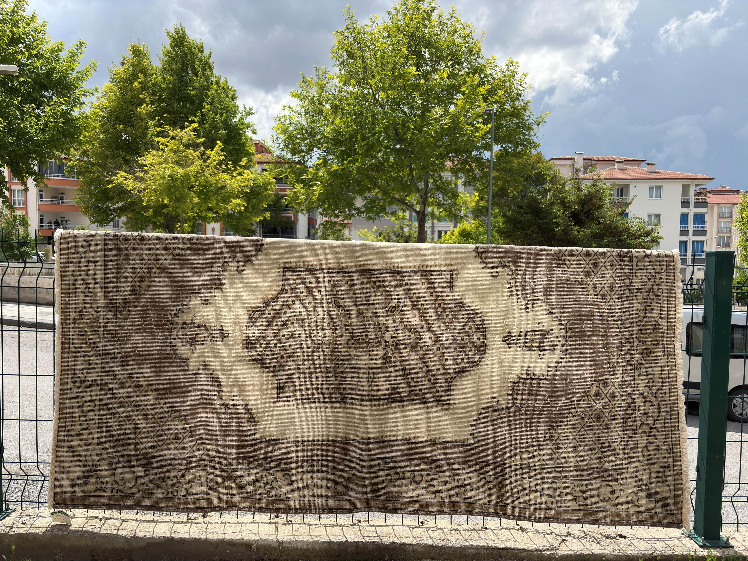 Vintage Turkish Rug 4x7, 1980s Handmade Low Pile Wool Rug, Brown Beige Anatolian Area Rug, Distressed Boho Bedroom Rug