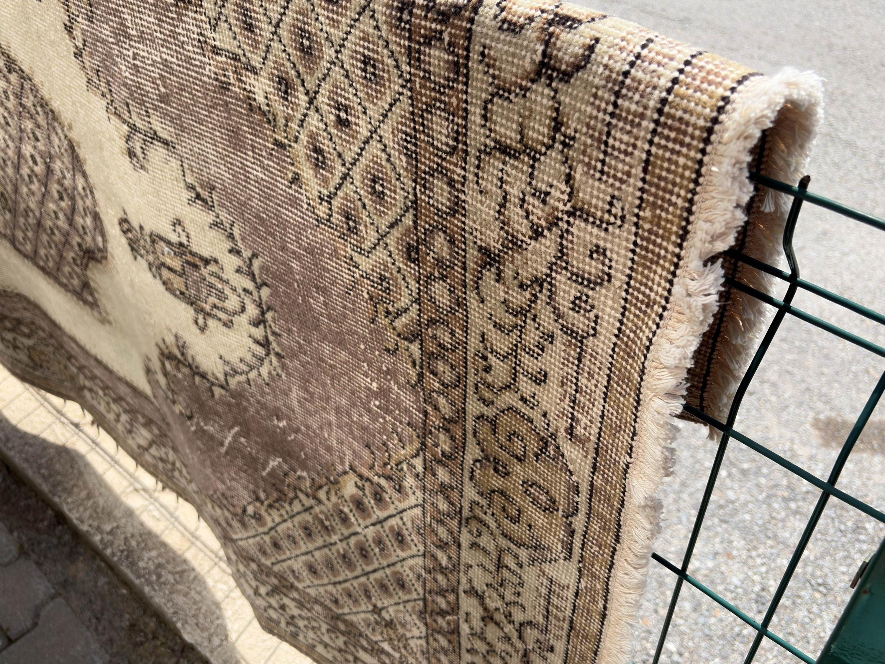 Vintage Turkish Rug 4x7, 1980s Handmade Low Pile Wool Rug, Brown Beige Anatolian Area Rug, Distressed Boho Bedroom Rug