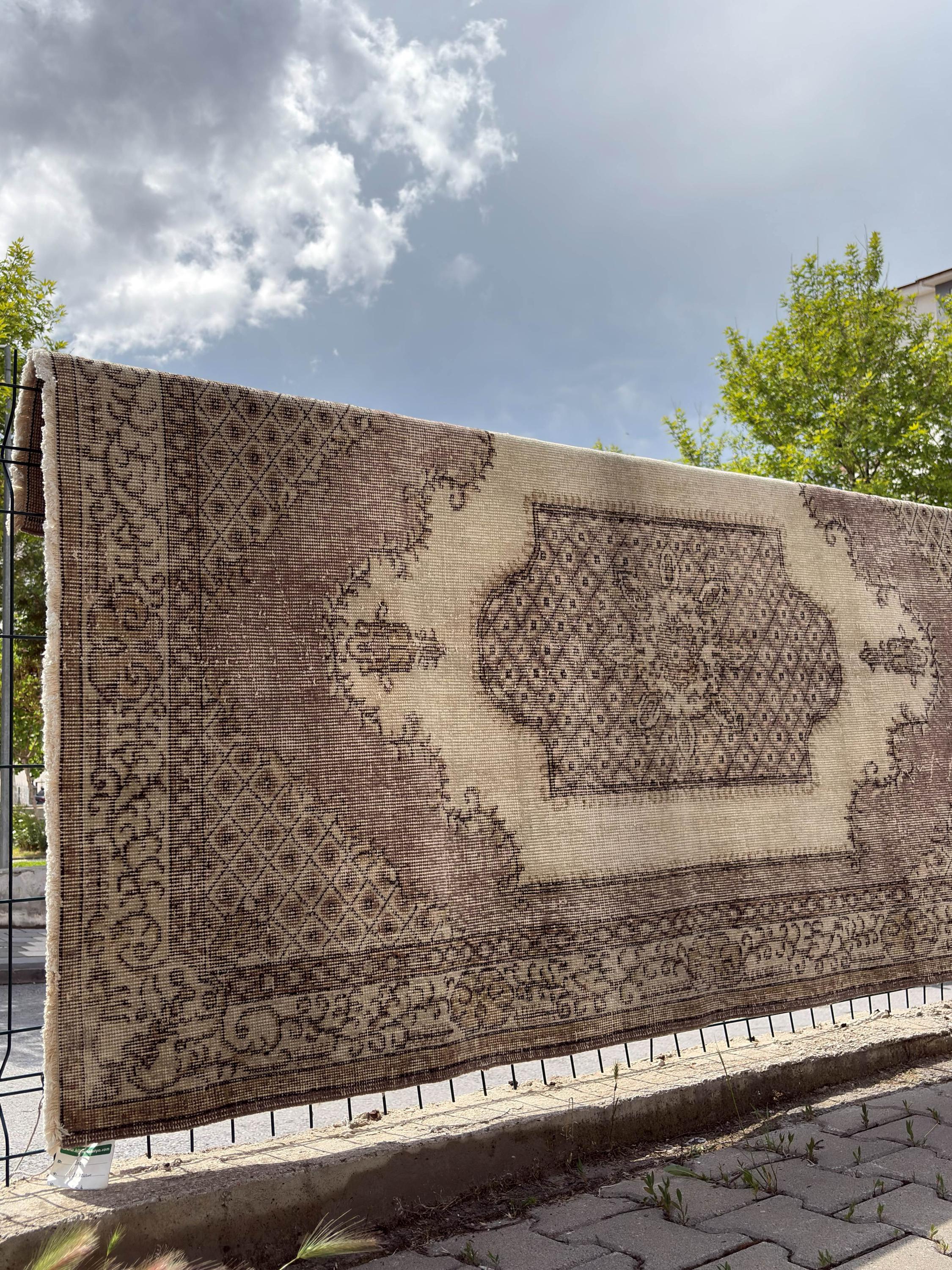 Vintage Turkish Rug 4x7, 1980s Handmade Low Pile Wool Rug, Brown Beige Anatolian Area Rug, Distressed Boho Bedroom Rug