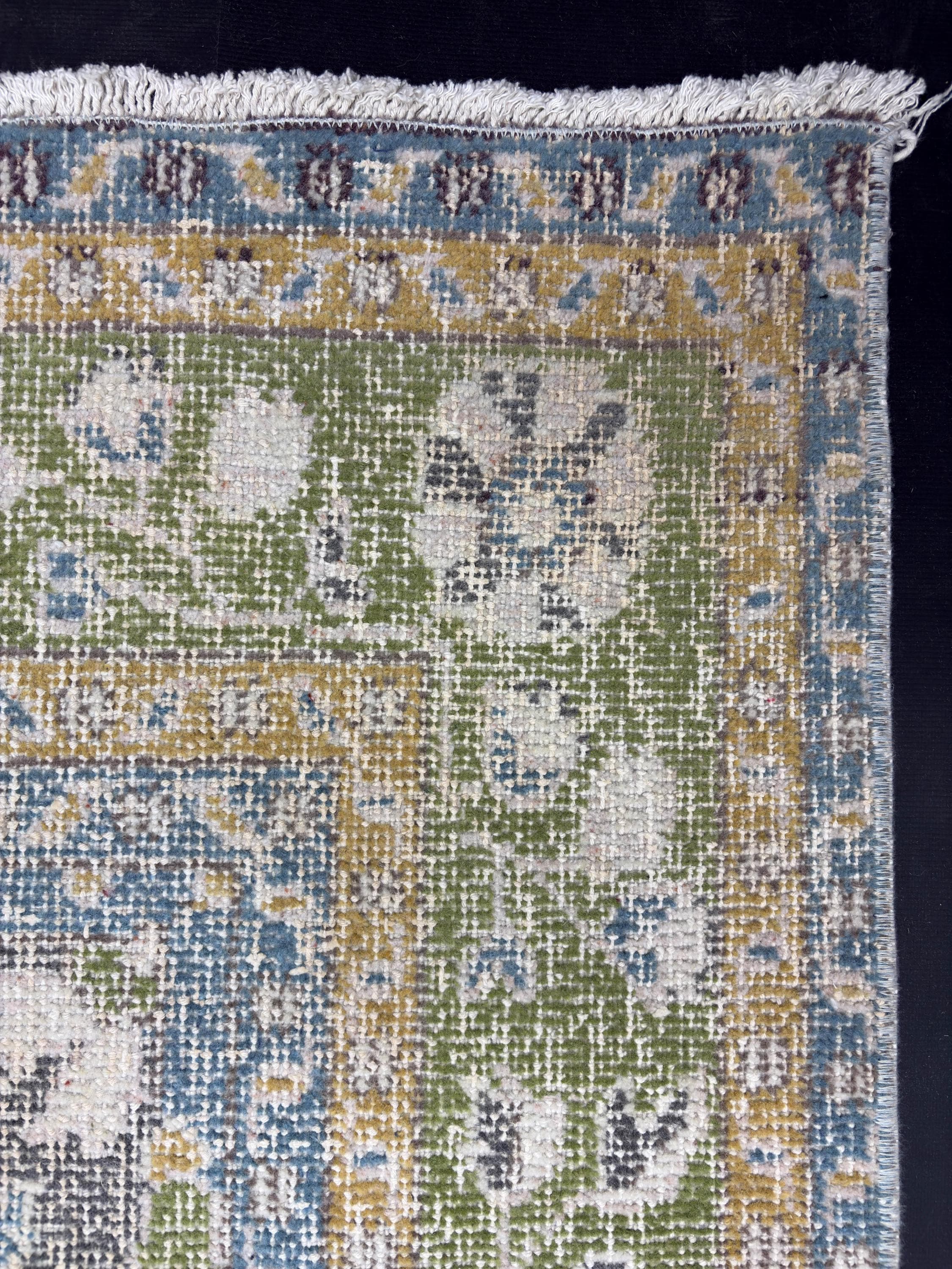 1980s Vintage Turkish Rug, Large Handmade Wool Area Rug, Distressed Oushak Style Rug, Blue Green Beige Floral Carpet 7x9.4