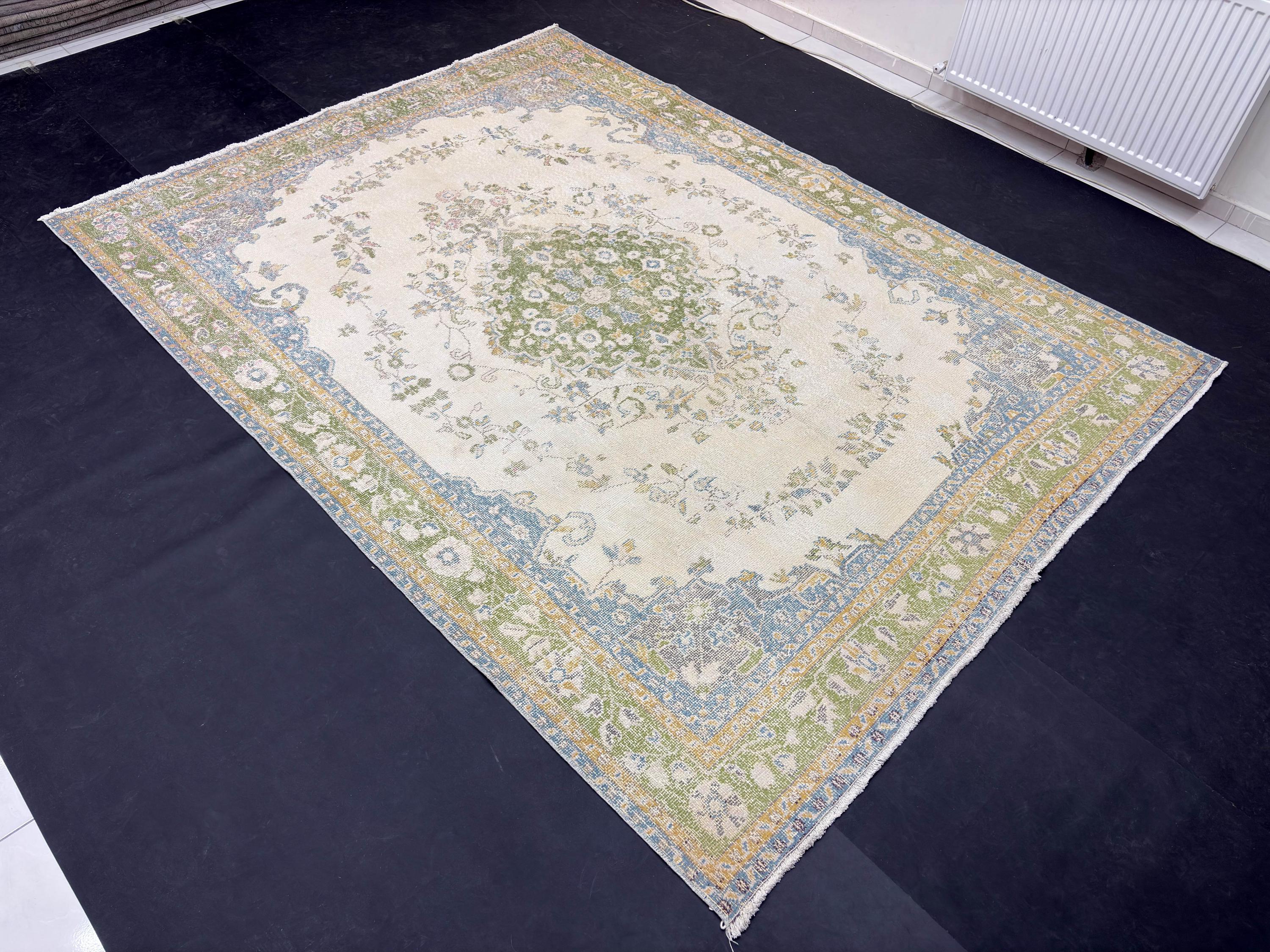 1980s Vintage Turkish Rug, Large Handmade Wool Area Rug, Distressed Oushak Style Rug, Blue Green Beige Floral Carpet 7x9.4