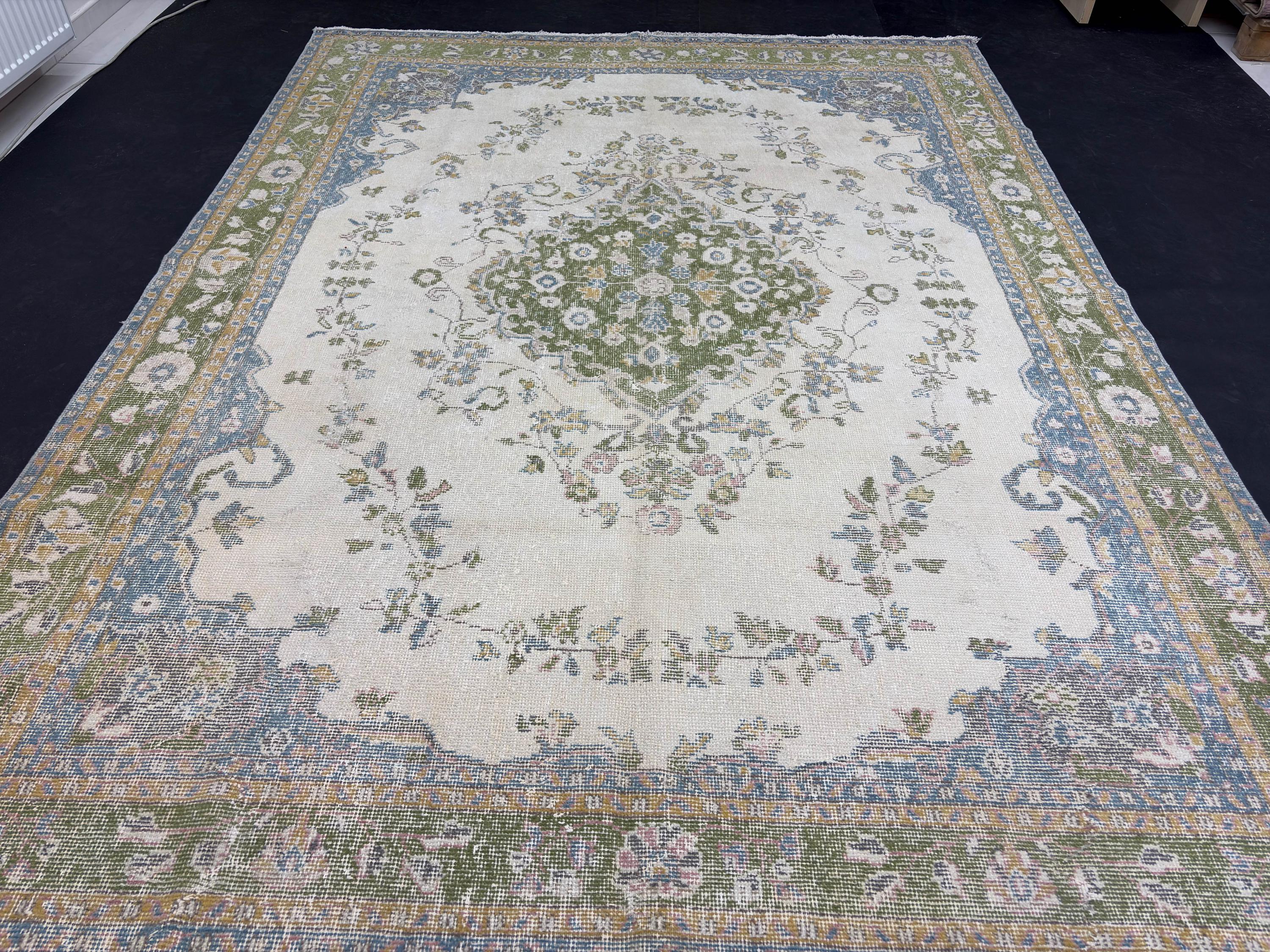 1980s Vintage Turkish Rug, Large Handmade Wool Area Rug, Distressed Oushak Style Rug, Blue Green Beige Floral Carpet 7x9.4