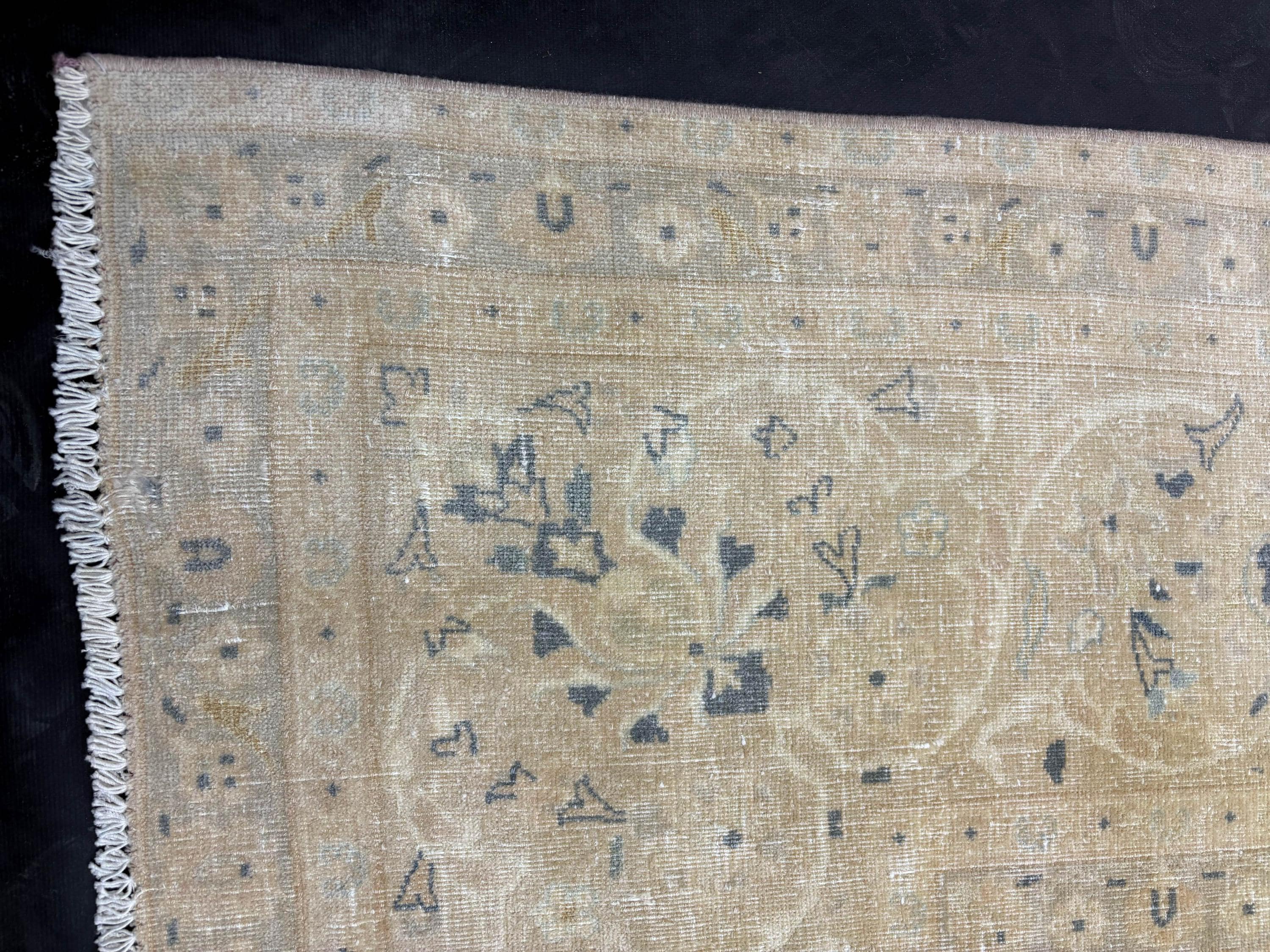 Vintage Turkish Rug 9'5" x 11'10", 1980s Low Pile Area Rug, Beige Oushak Style Rug, Large Neutral Handmade Rug