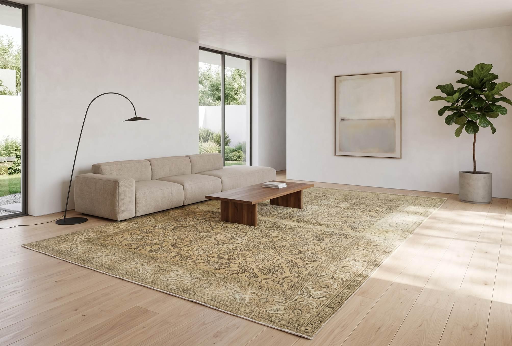 8x15 Vintage Rug, Oversized Anatolian Carpet, Handwoven Wool Area Rug, Muted Beige Oushak, Extra Large Living Room Rug, 1980s