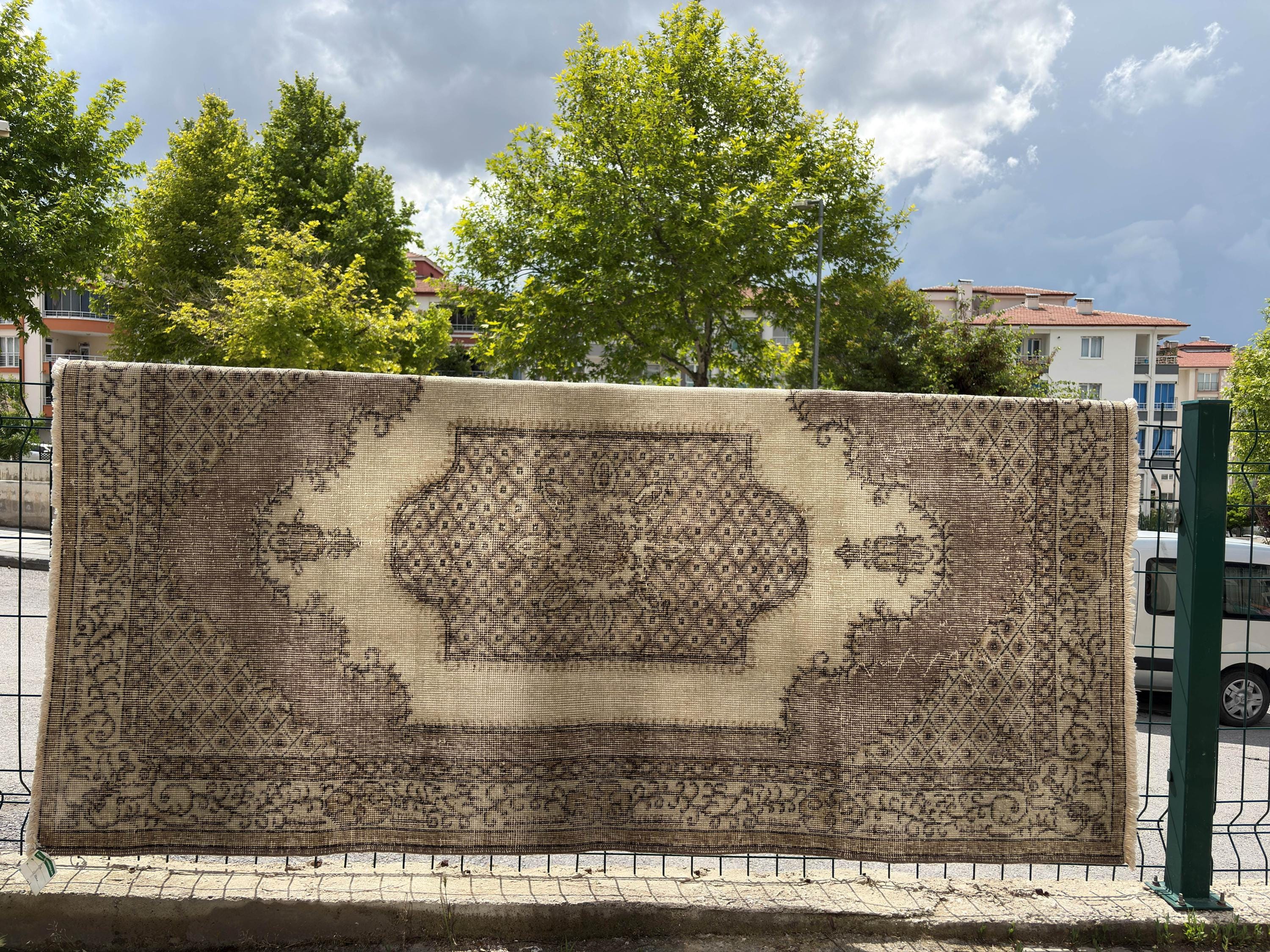 Vintage Turkish Rug 4x7, 1980s Handmade Low Pile Wool Rug, Brown Beige Anatolian Area Rug, Distressed Boho Bedroom Rug