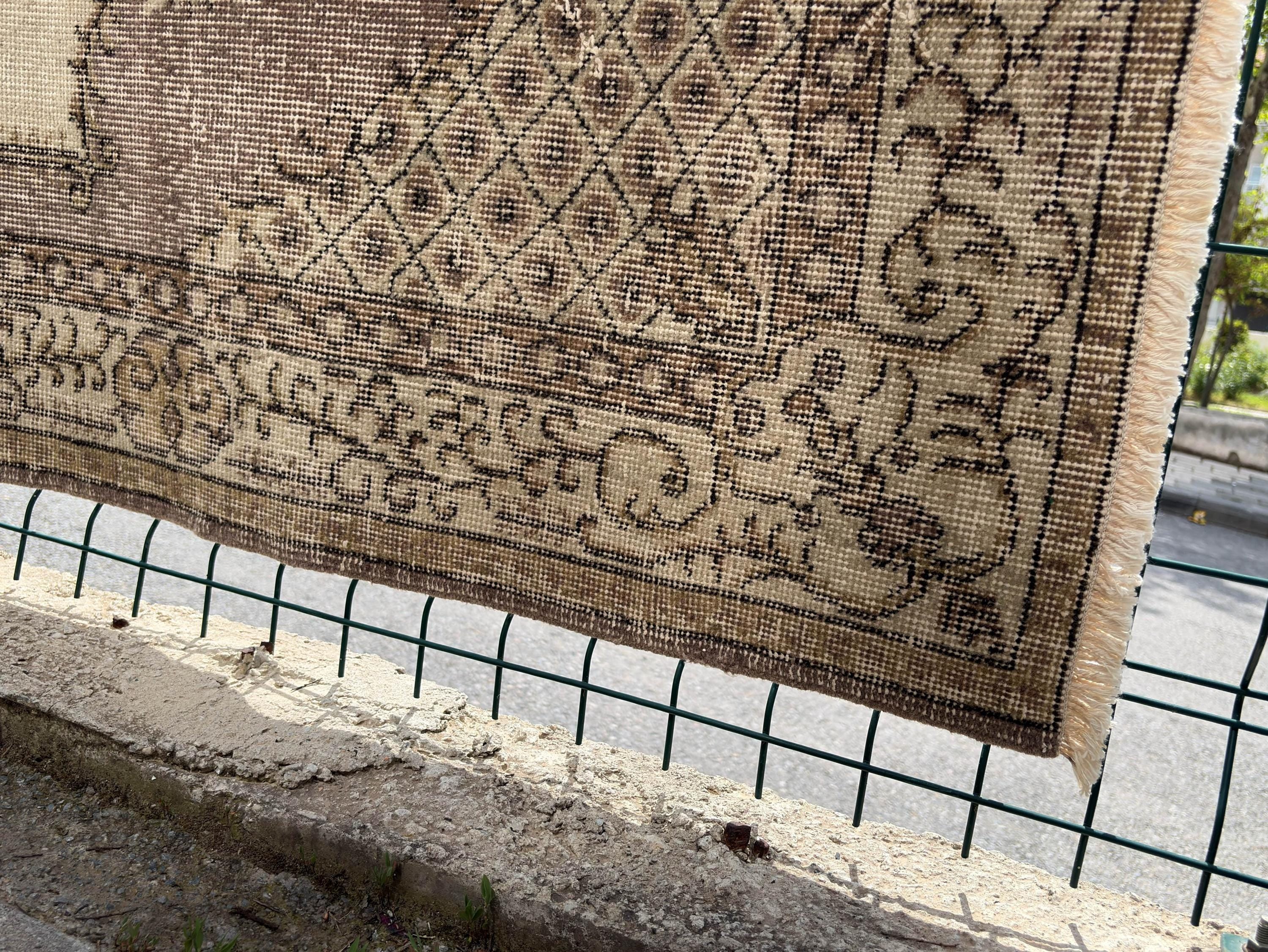 Vintage Turkish Rug 4x7, 1980s Handmade Low Pile Wool Rug, Brown Beige Anatolian Area Rug, Distressed Boho Bedroom Rug