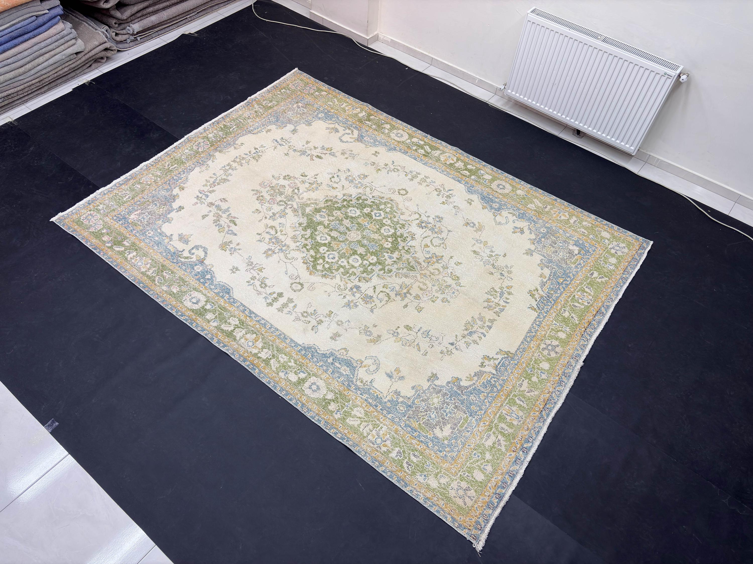 1980s Vintage Turkish Rug, Large Handmade Wool Area Rug, Distressed Oushak Style Rug, Blue Green Beige Floral Carpet 7x9.4