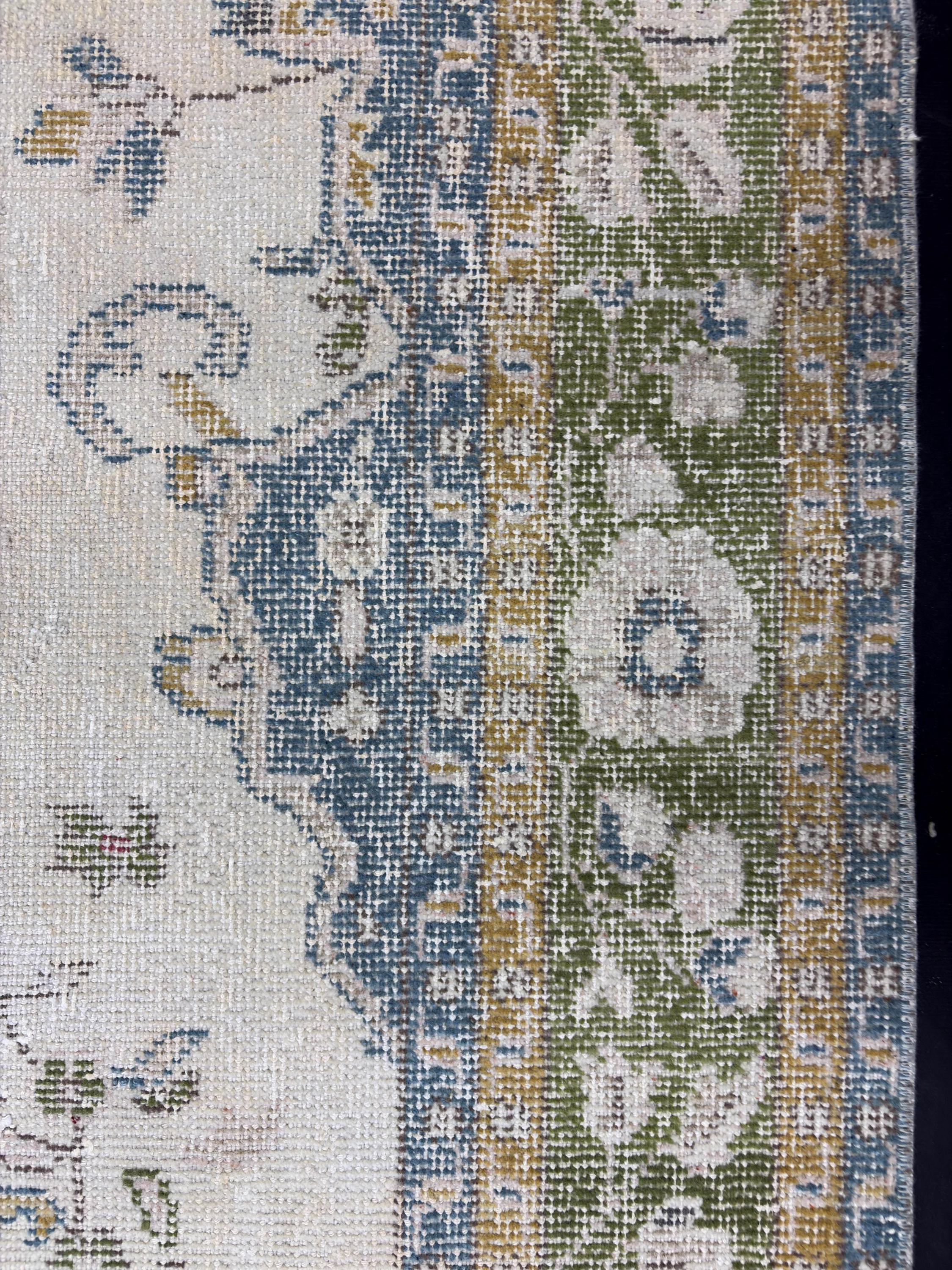 1980s Vintage Turkish Rug, Large Handmade Wool Area Rug, Distressed Oushak Style Rug, Blue Green Beige Floral Carpet 7x9.4
