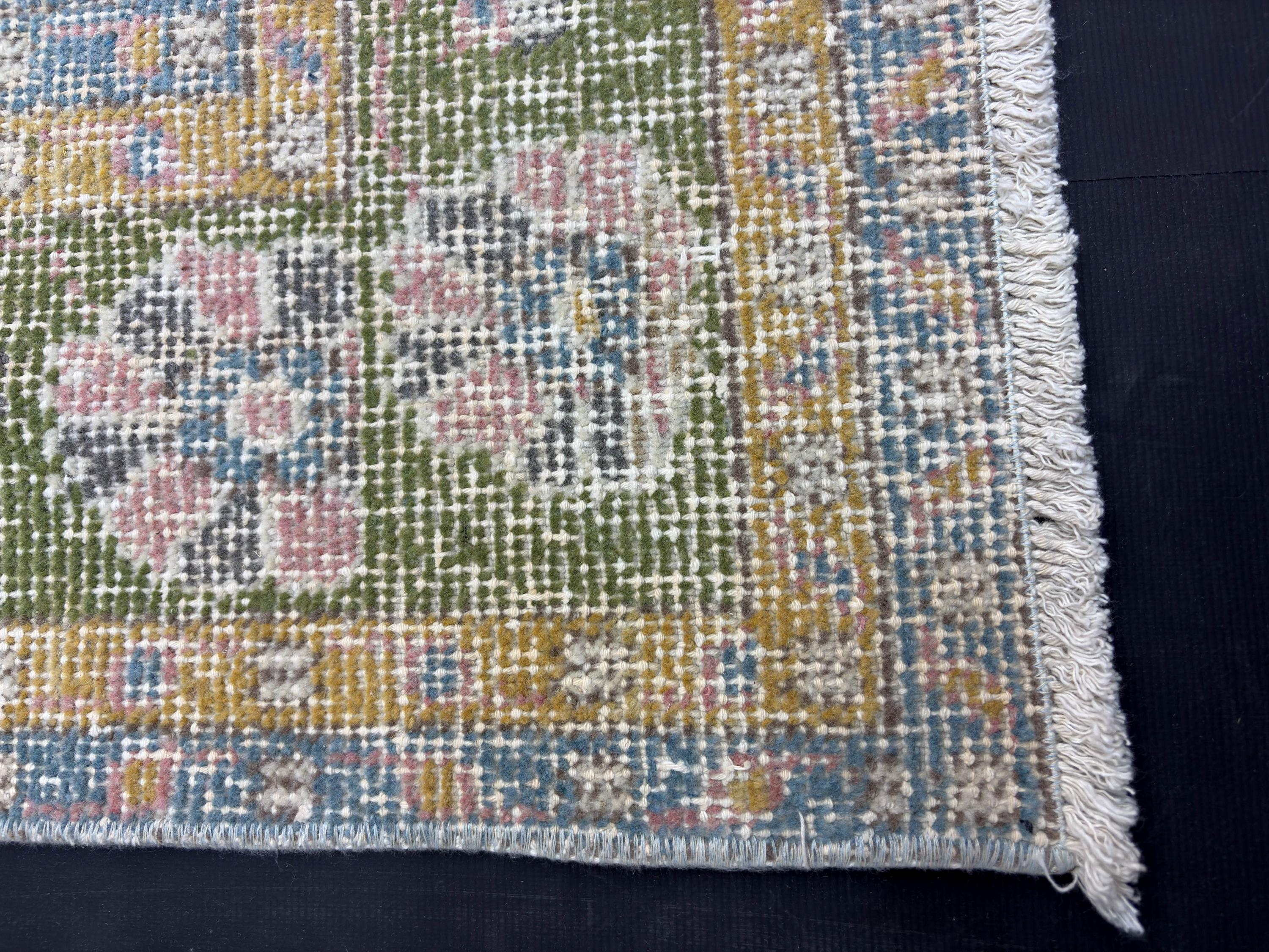 1980s Vintage Turkish Rug, Large Handmade Wool Area Rug, Distressed Oushak Style Rug, Blue Green Beige Floral Carpet 7x9.4