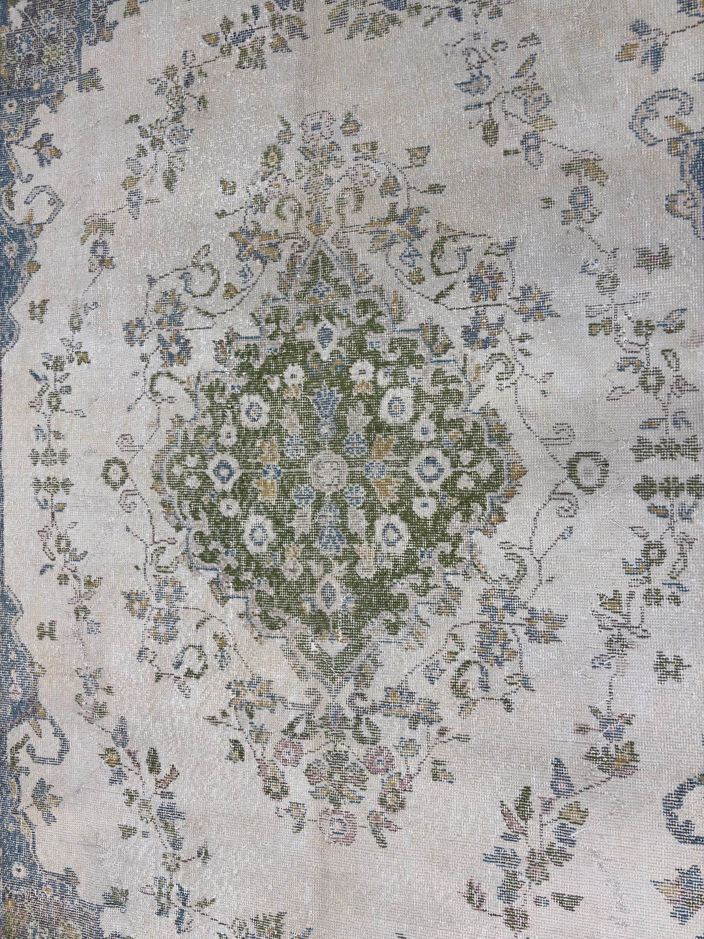 1980s Vintage Turkish Rug, Large Handmade Wool Area Rug, Distressed Oushak Style Rug, Blue Green Beige Floral Carpet 7x9.4