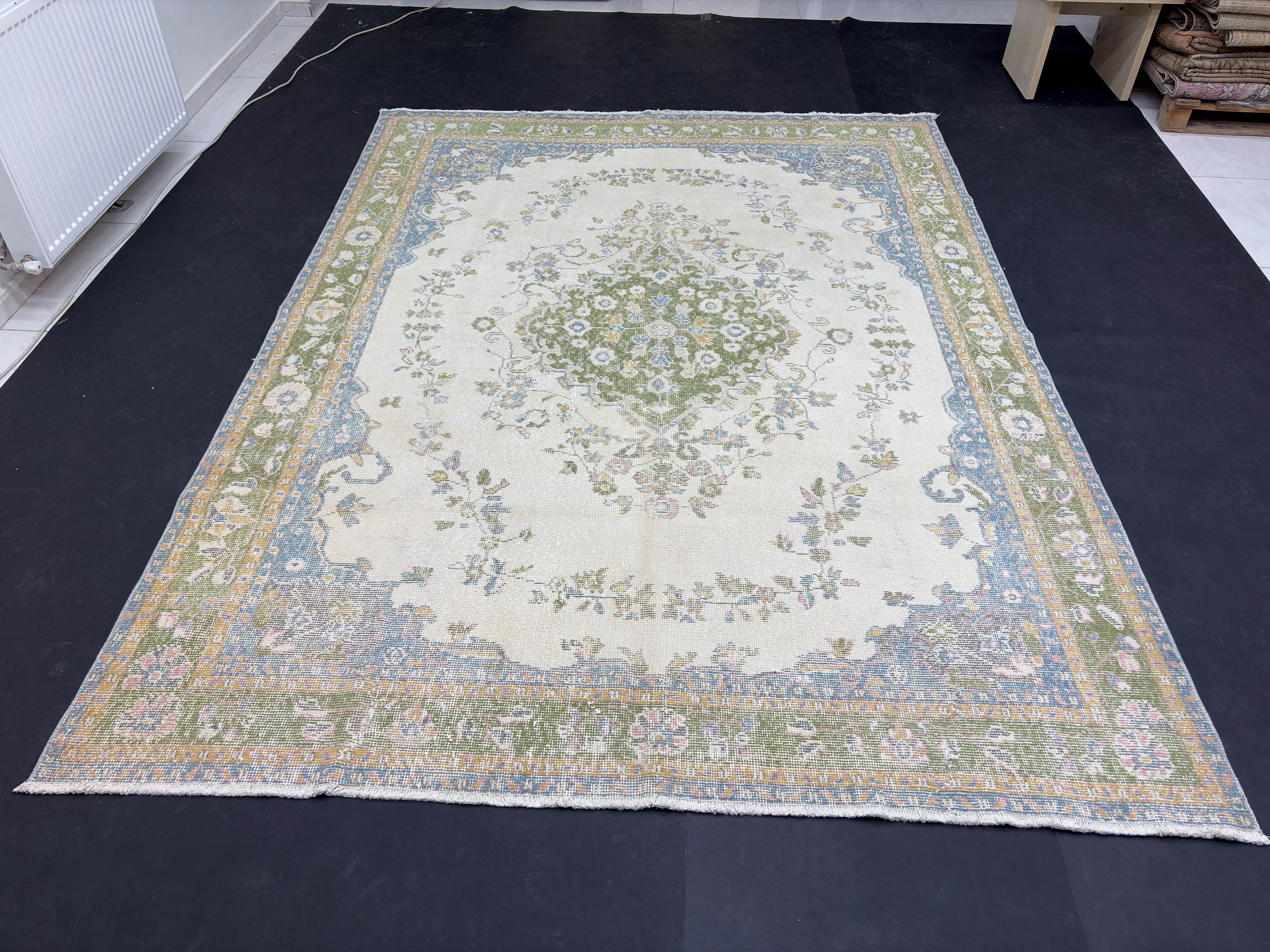 1980s Vintage Turkish Rug, Large Handmade Wool Area Rug, Distressed Oushak Style Rug, Blue Green Beige Floral Carpet 7x9.4