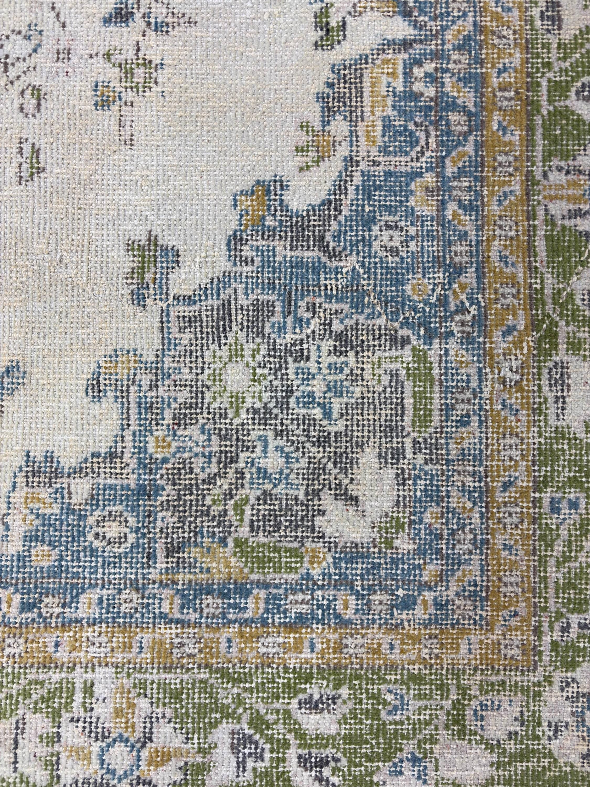 1980s Vintage Turkish Rug, Large Handmade Wool Area Rug, Distressed Oushak Style Rug, Blue Green Beige Floral Carpet 7x9.4