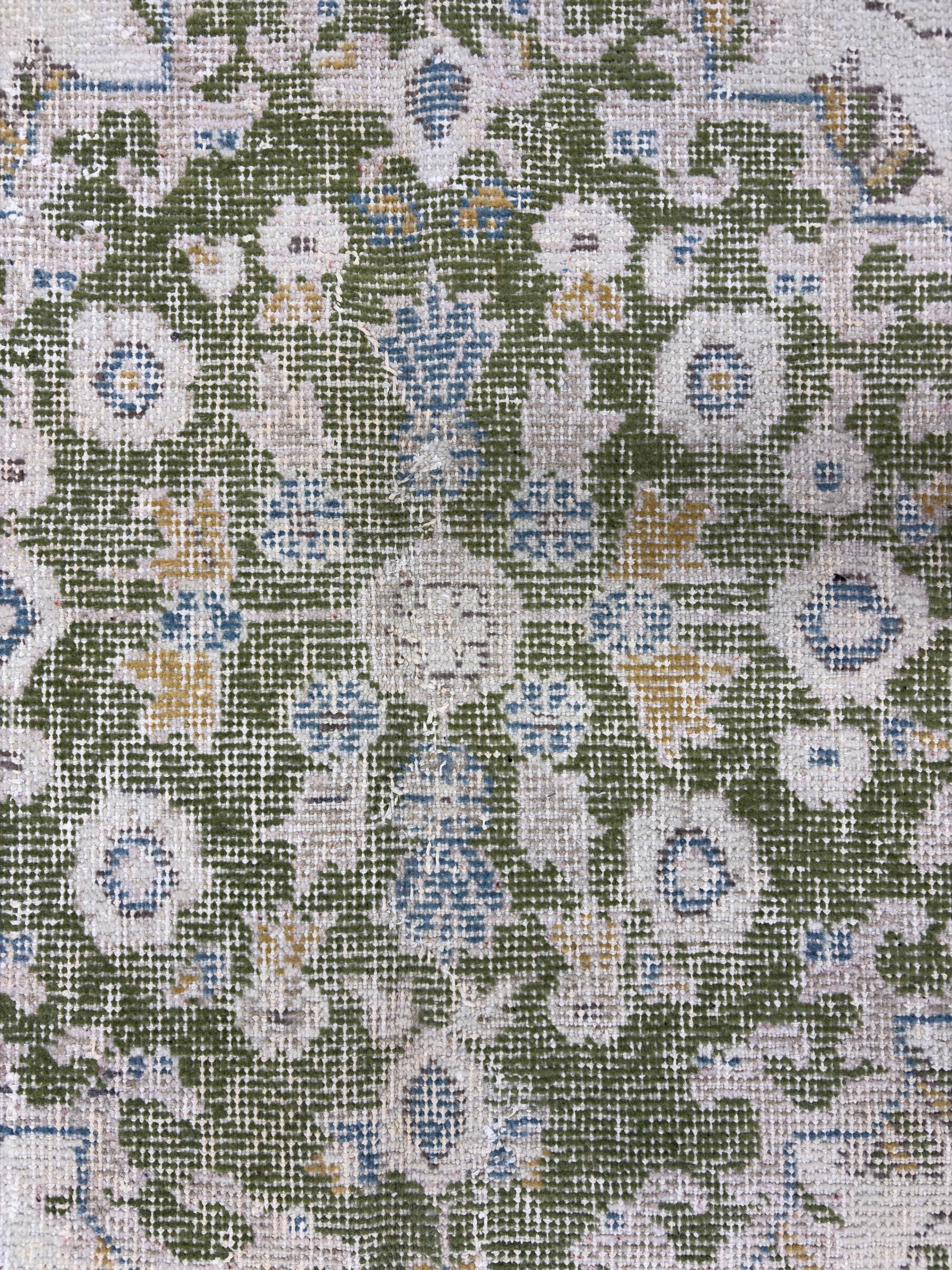 1980s Vintage Turkish Rug, Large Handmade Wool Area Rug, Distressed Oushak Style Rug, Blue Green Beige Floral Carpet 7x9.4