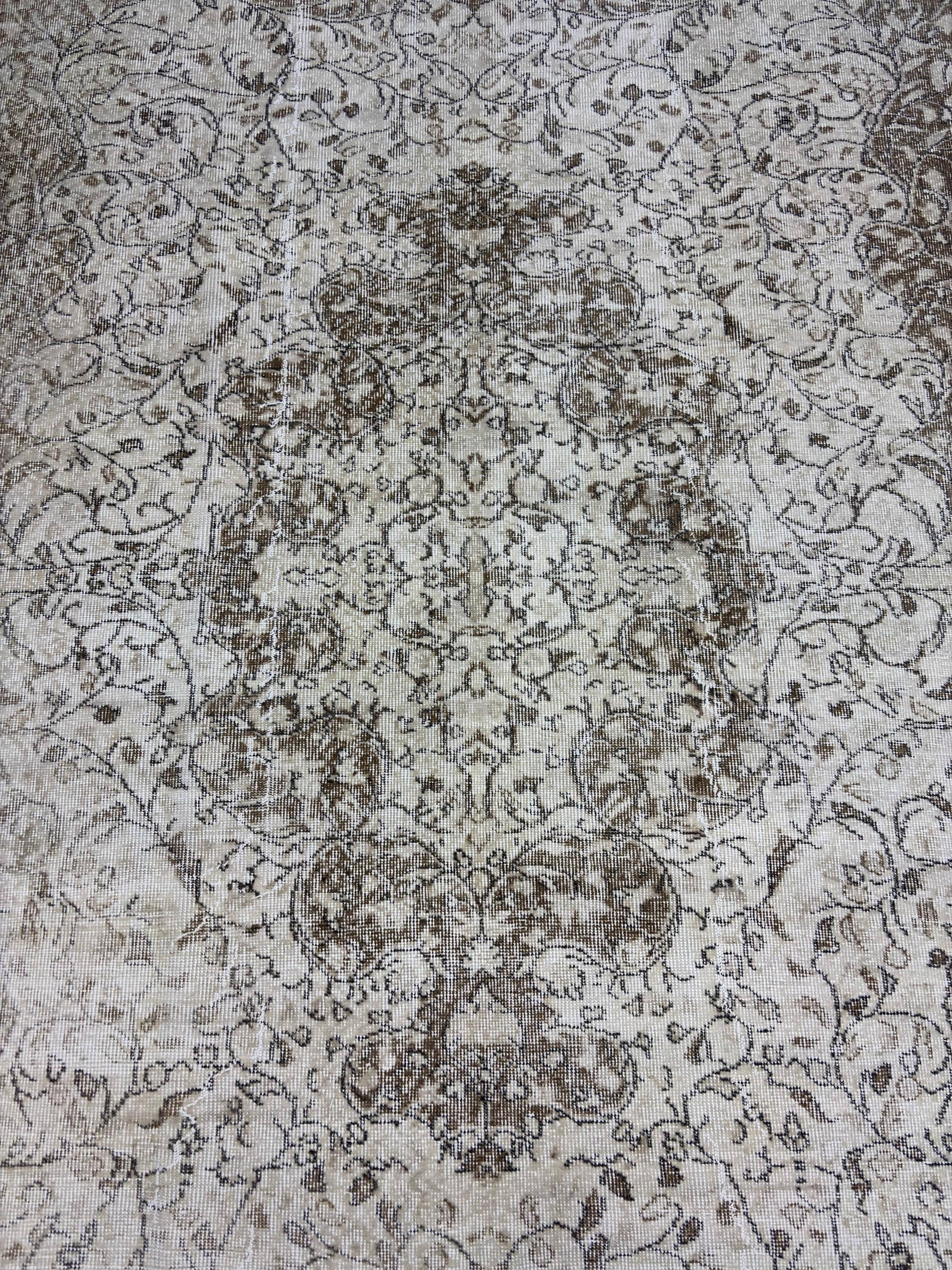 Vintage Turkish Rug 5'3" x 8'3", 1980s Low Pile Area Rug, Neutral Beige Brown Floral Rug, Handmade Oushak Style Rug