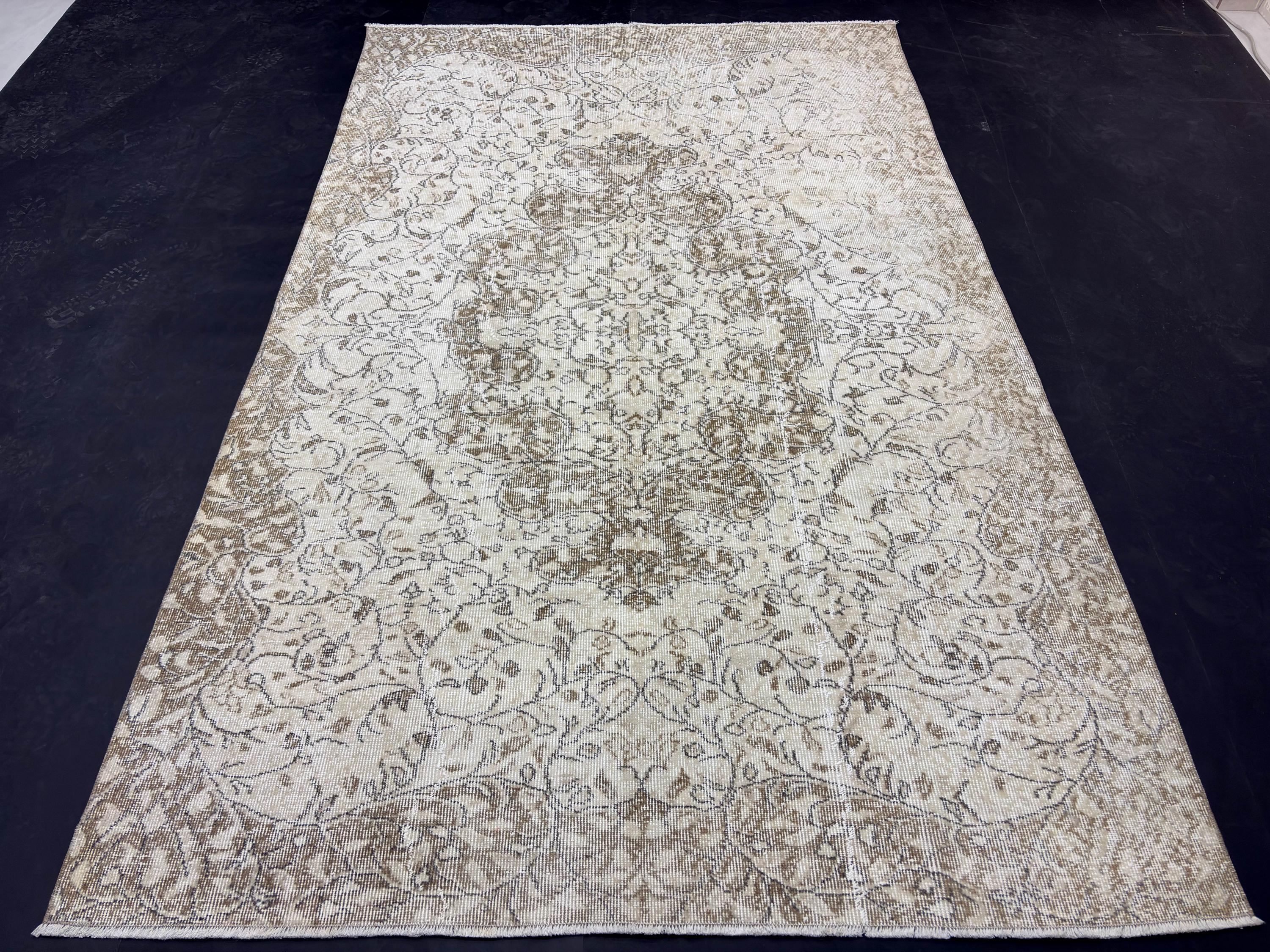 Vintage Turkish Rug 5'3" x 8'3", 1980s Low Pile Area Rug, Neutral Beige Brown Floral Rug, Handmade Oushak Style Rug