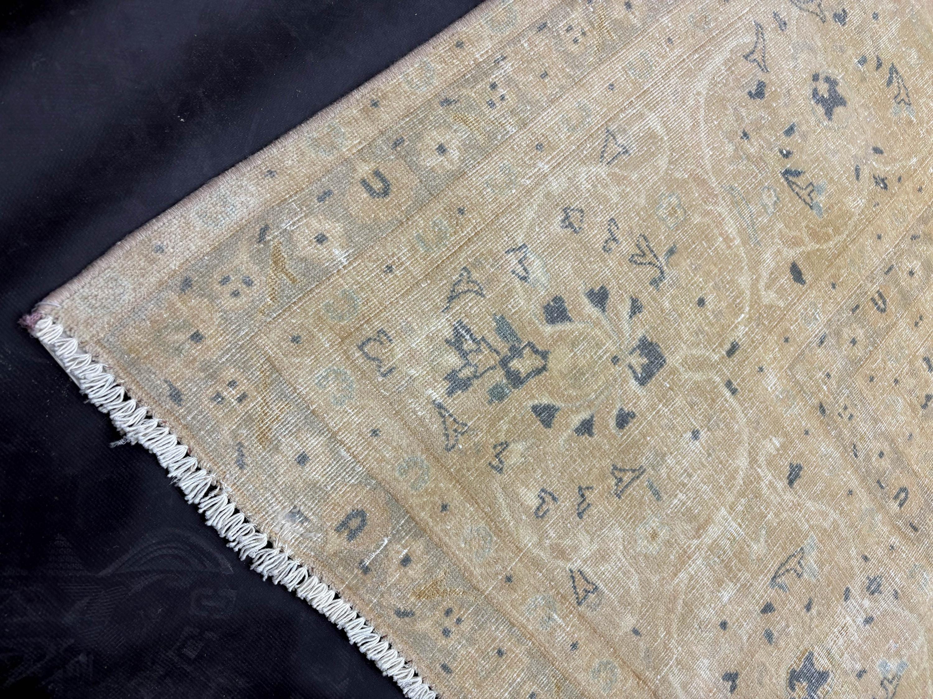 Vintage Turkish Rug 9'5" x 11'10", 1980s Low Pile Area Rug, Beige Oushak Style Rug, Large Neutral Handmade Rug