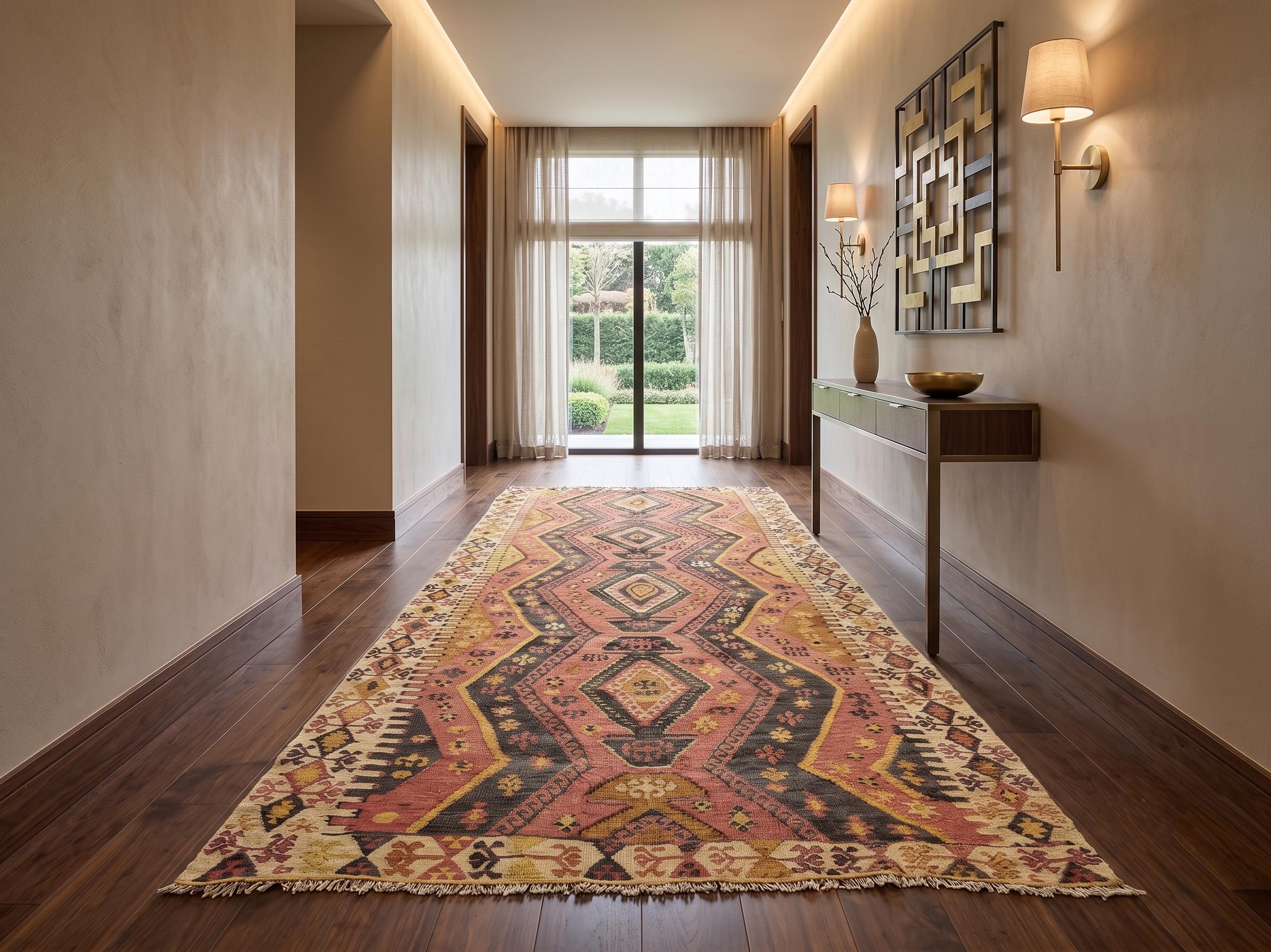 Vintage Anatolian Kilim Runner, 5x13 Geometric Turkish Rug, 1980s Handwoven Hallway Carpet, Pink Brown Boho Decor, 160x400 cm