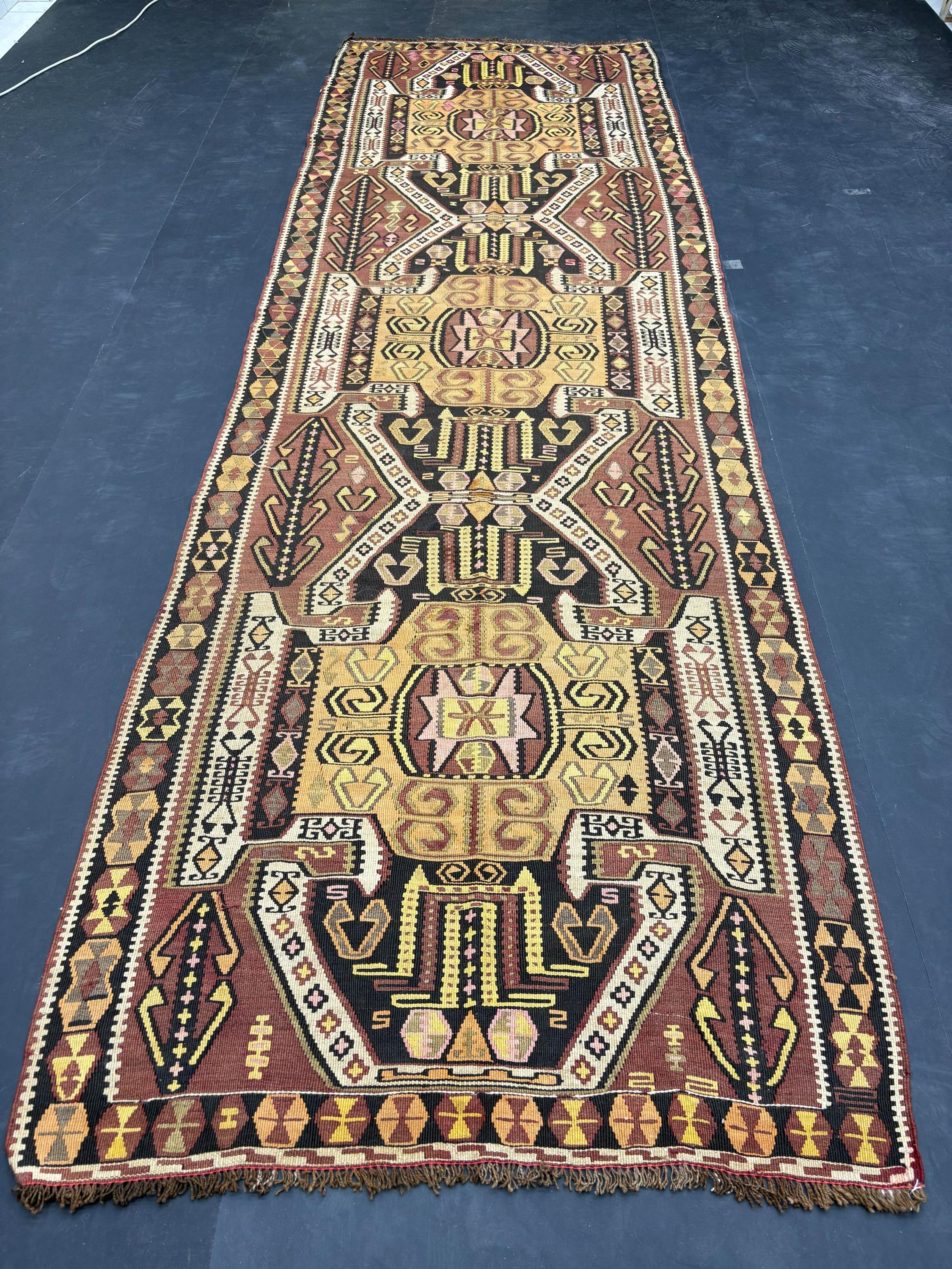 Vintage Turkish Runner Rug | 4x12 Anatolian Kilim | Brown Mustard Geometric Flatweave | 116x372 Wool Hallway Carpet | 1980s
