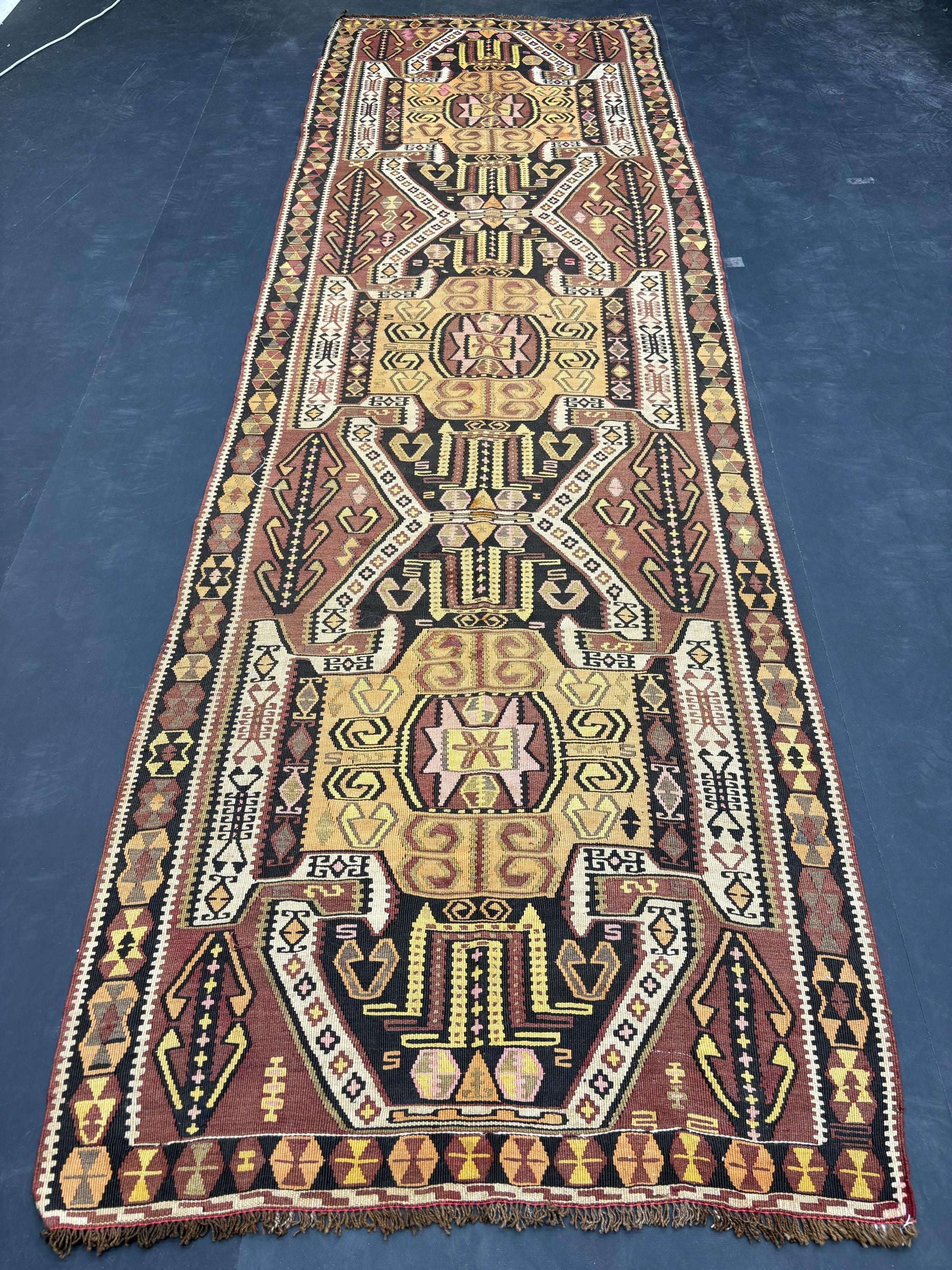 Vintage Turkish Runner Rug | 4x12 Anatolian Kilim | Brown Mustard Geometric Flatweave | 116x372 Wool Hallway Carpet | 1980s