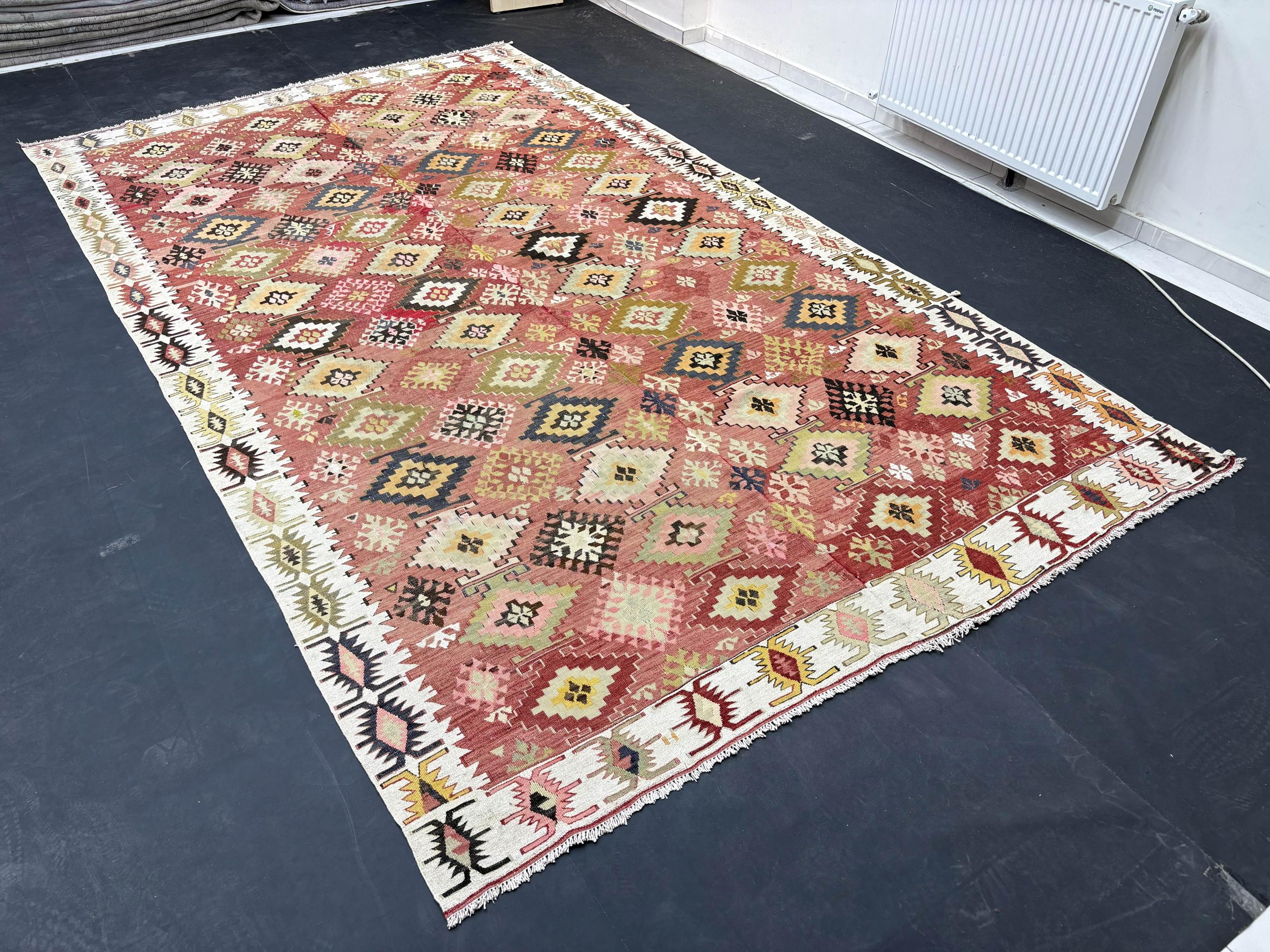 Vintage Turkish Area Rug | 7x12 Anatolian Kilim | Terracotta Geometric Flatweave | 206x355 Wool Living Room Carpet | 1980s