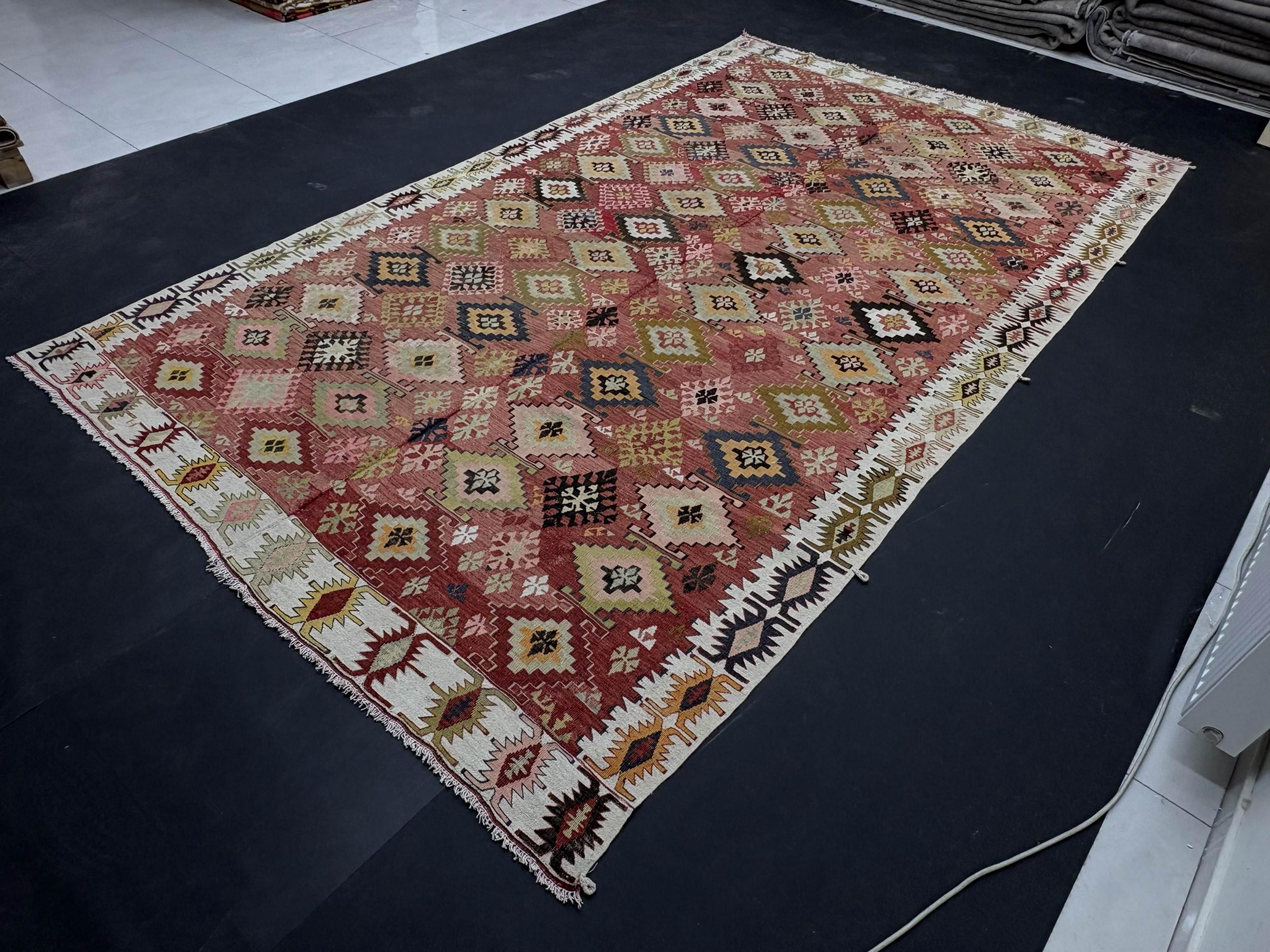 Vintage Turkish Area Rug | 7x12 Anatolian Kilim | Terracotta Geometric Flatweave | 206x355 Wool Living Room Carpet | 1980s