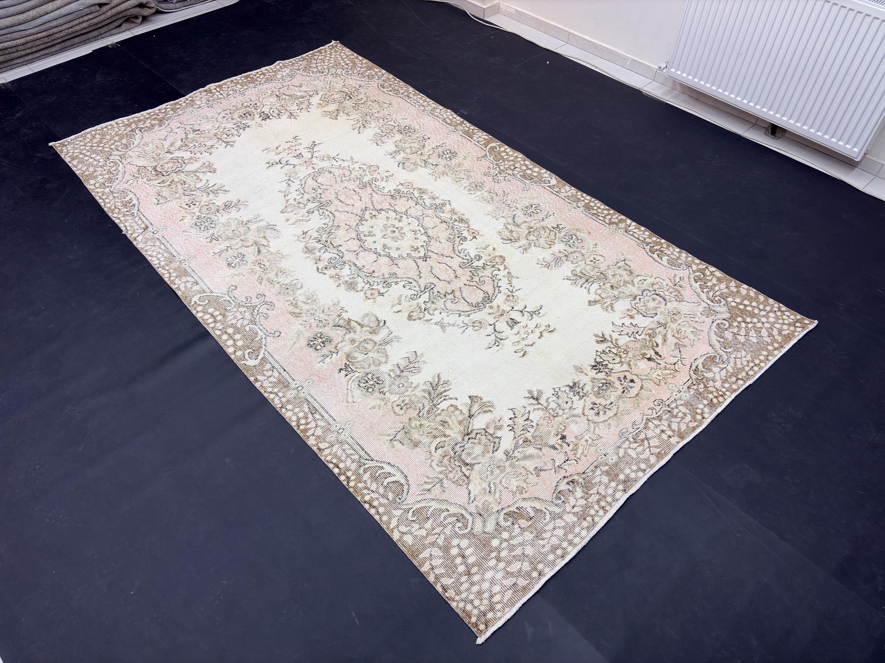 Vintage Anatolian Wool Rug 5x9 | Handwoven Turkish Carpet | Muted Pink 1980s Area Rug | Living Room Decor
