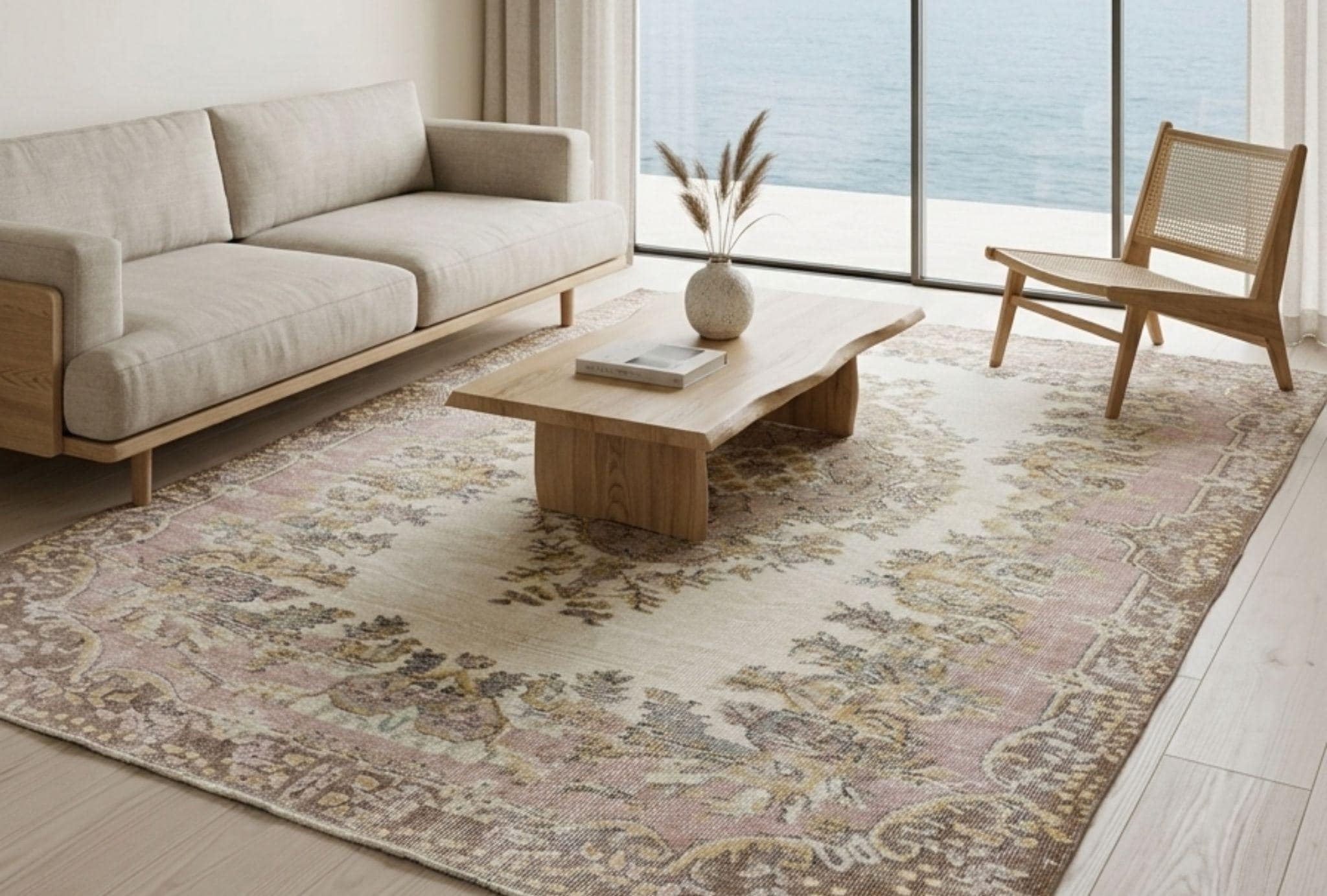 Vintage Anatolian Area Rug 5.5x8.8 ft | Handwoven Wool Carpet | Muted Pink Floral Medallion | 1980s Turkish Boho Living Room