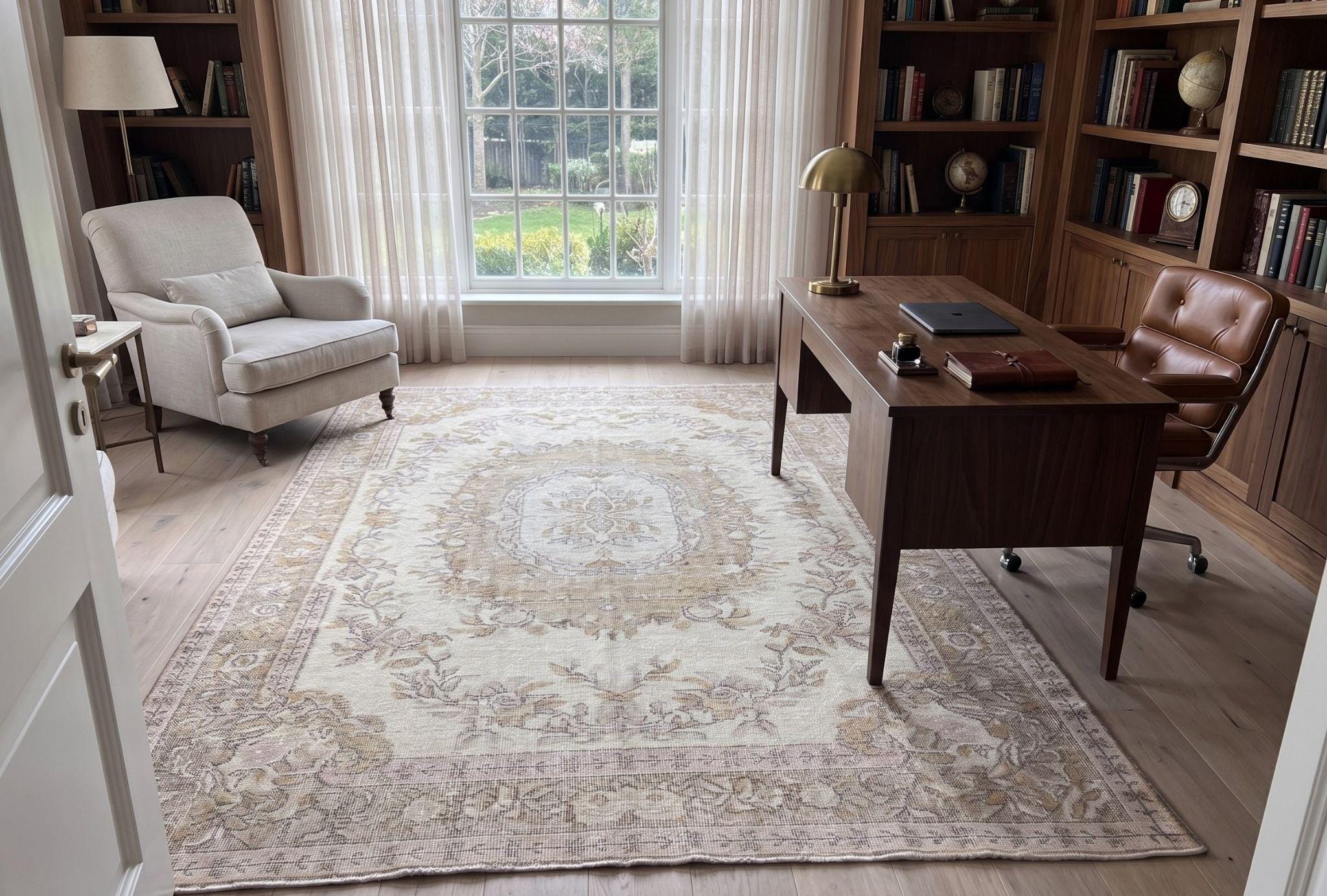 Vintage Anatolian Rug 6x10 | Handwoven Wool Turkish Oushak Carpet | Neutral Blush Floral Area Rug | 1980s Living Room Decor