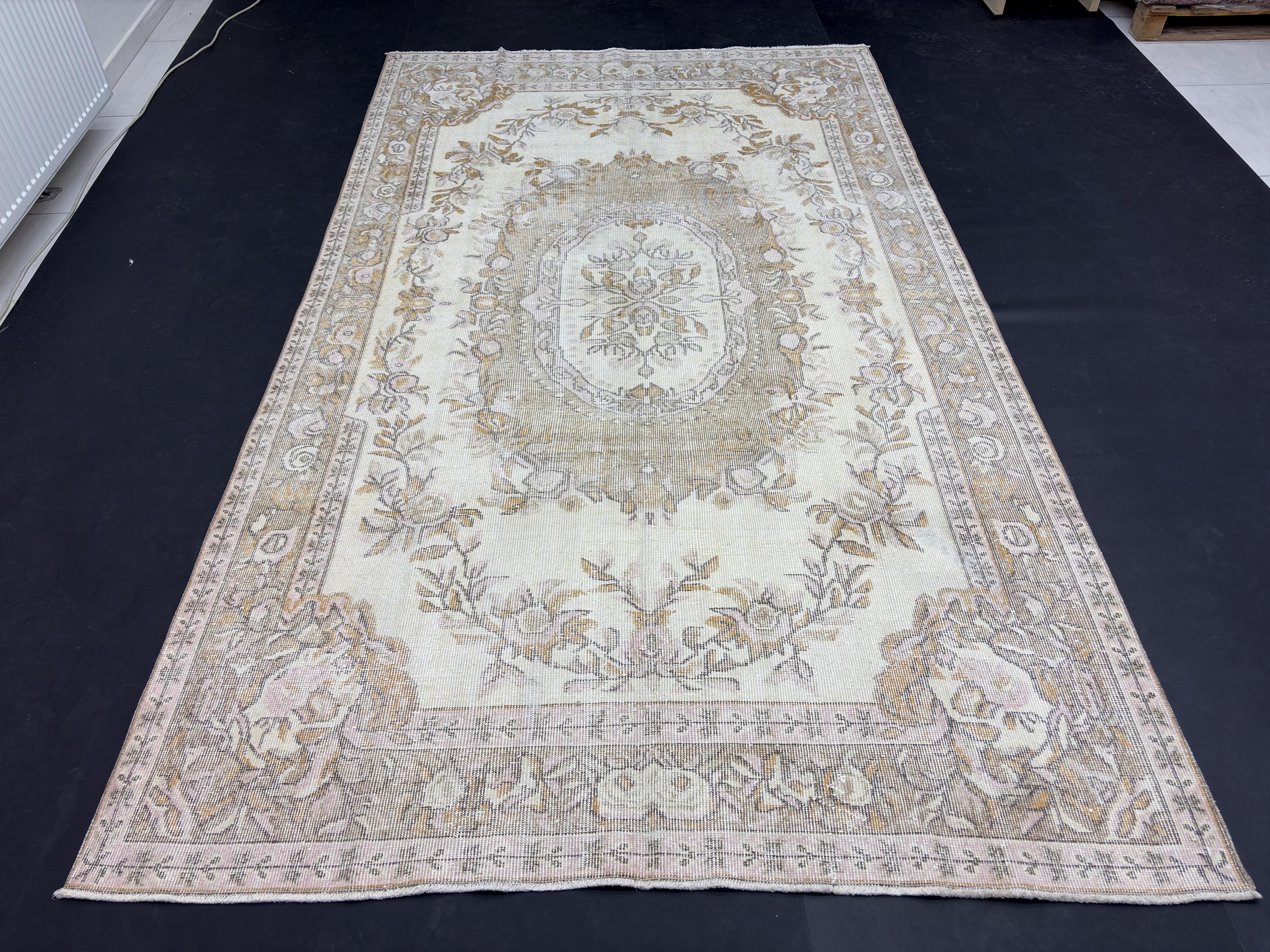 Vintage Anatolian Rug 6x10 | Handwoven Wool Turkish Oushak Carpet | Neutral Blush Floral Area Rug | 1980s Living Room Decor