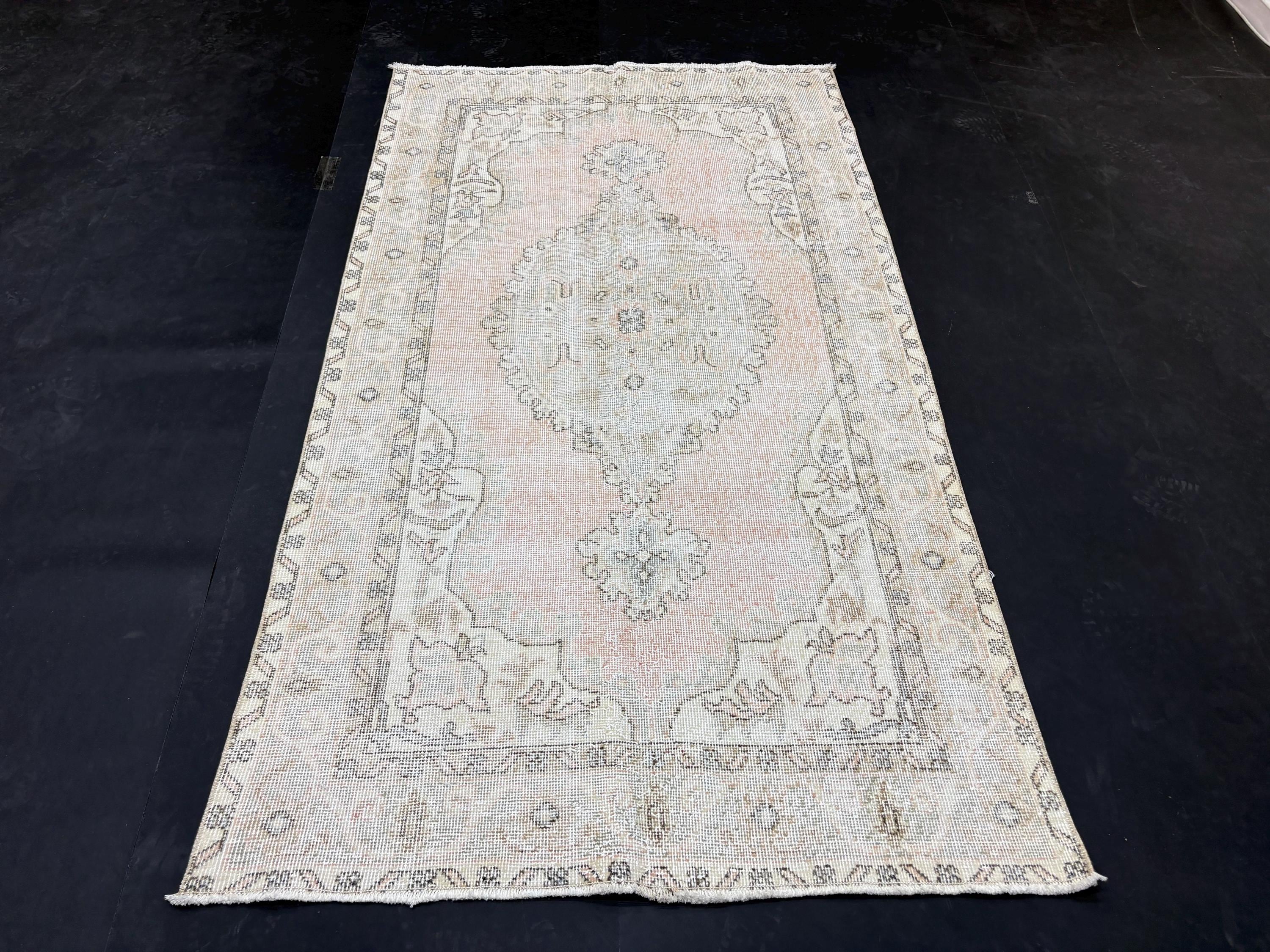Vintage Turkish Rug, Pink Anatolian Wool Carpet | 3.6 x 6.2 ft Area Rug | Handwoven 1980s Faded Design, Boho Bedroom Decor